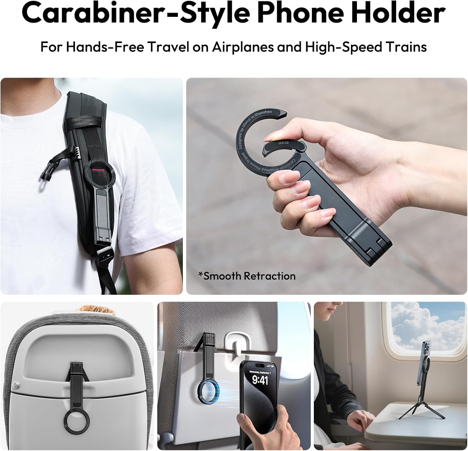 Image displays a phone holder attached to a backpack strap, showing hands-free use on trains and planes.