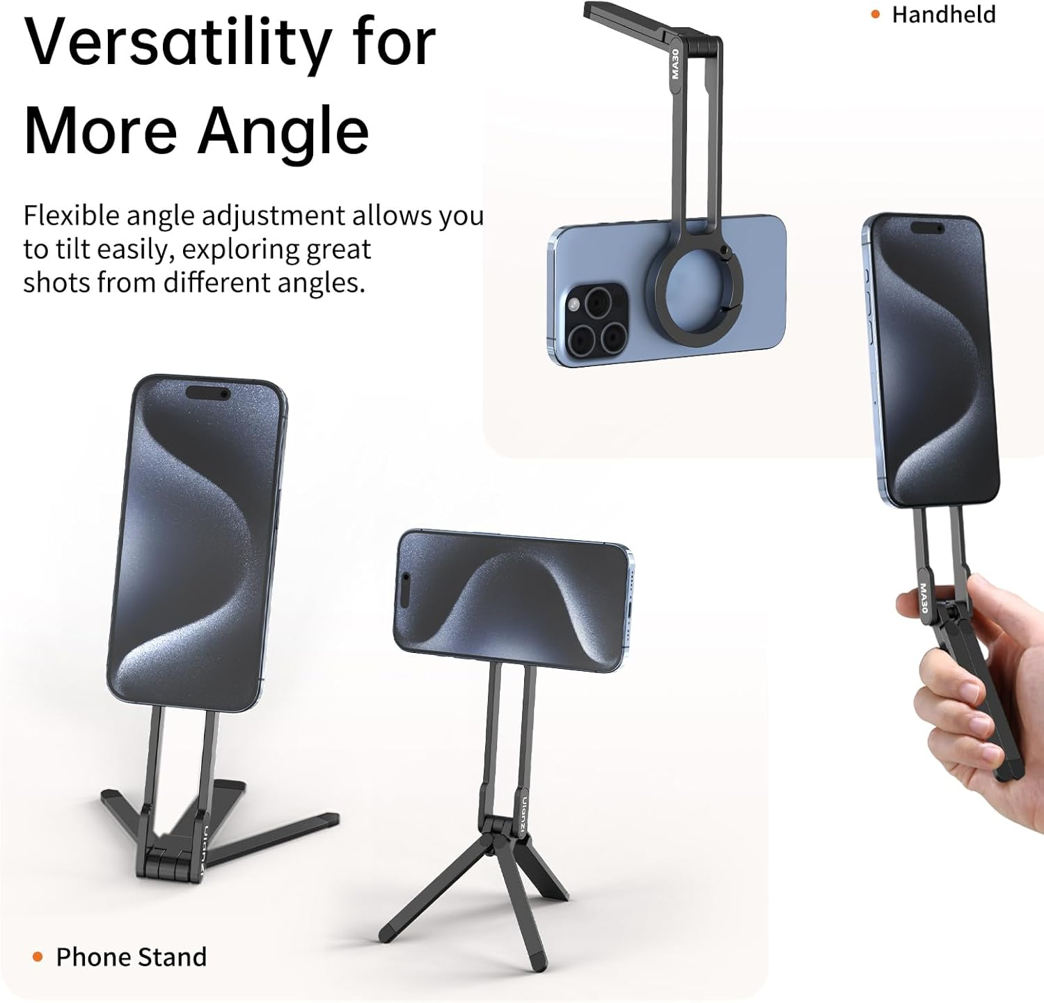 Multiple images show a phone stand with a phone attached, demonstrating angle adjustments and different uses.