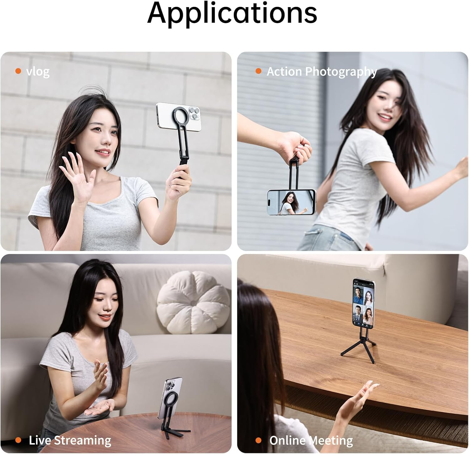 The image showcases four scenarios: vlog, action photography, live streaming, and online meeting using a phone.