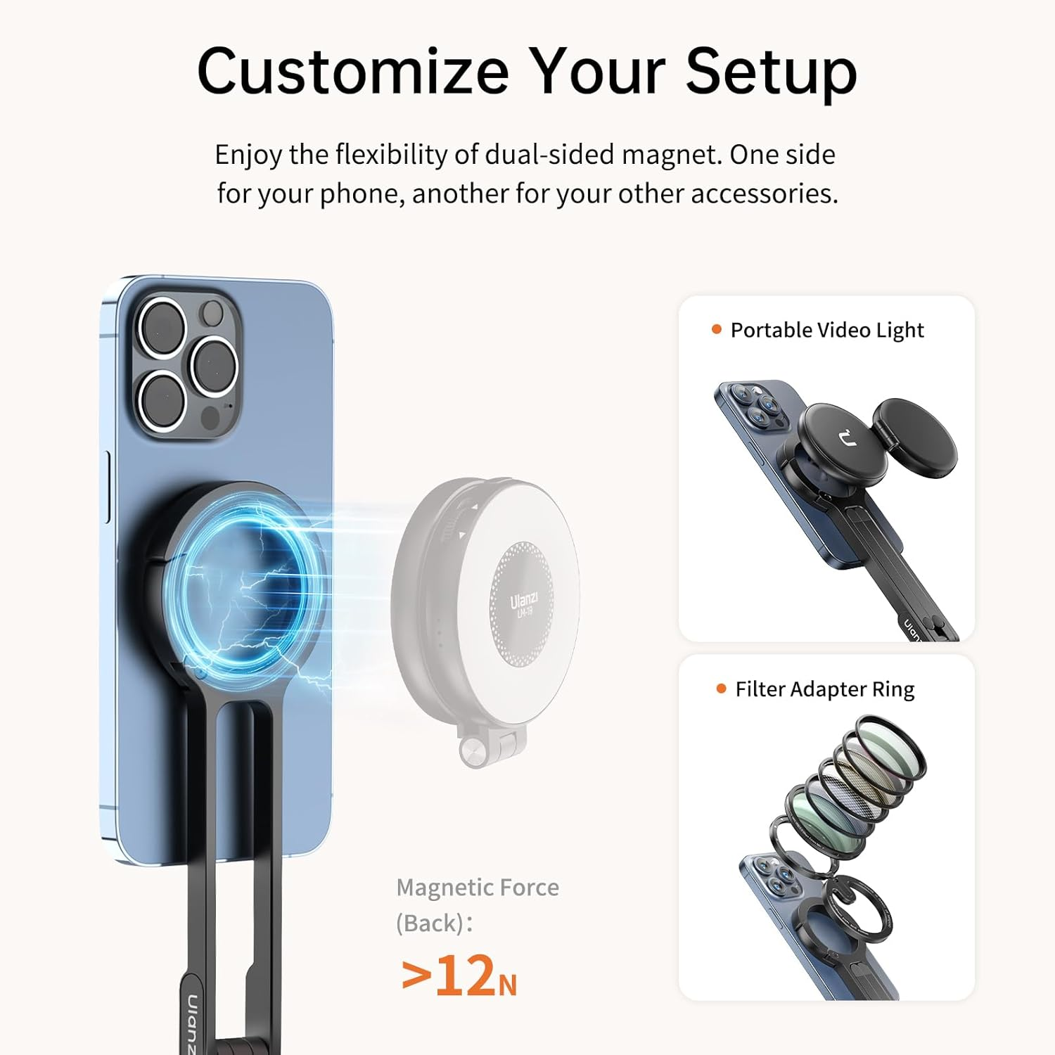 Image shows a phone with a magnetic attachment, displaying magnetic force and accessory options like a light.