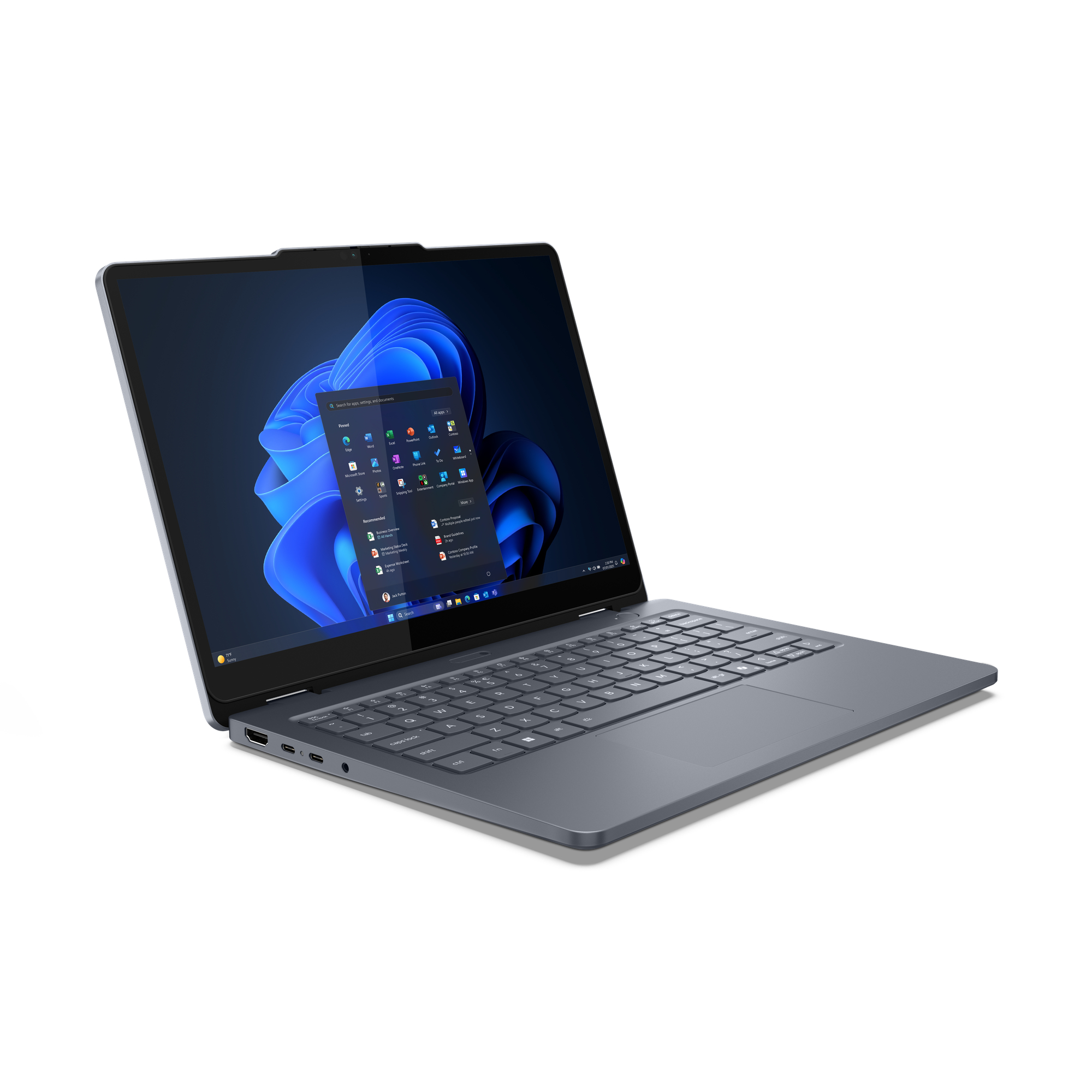 Viene mostrato un laptop, con uno schermo blu scuro che mostra le icone delle app, su uno sfondo bianco, angolato verso destra.