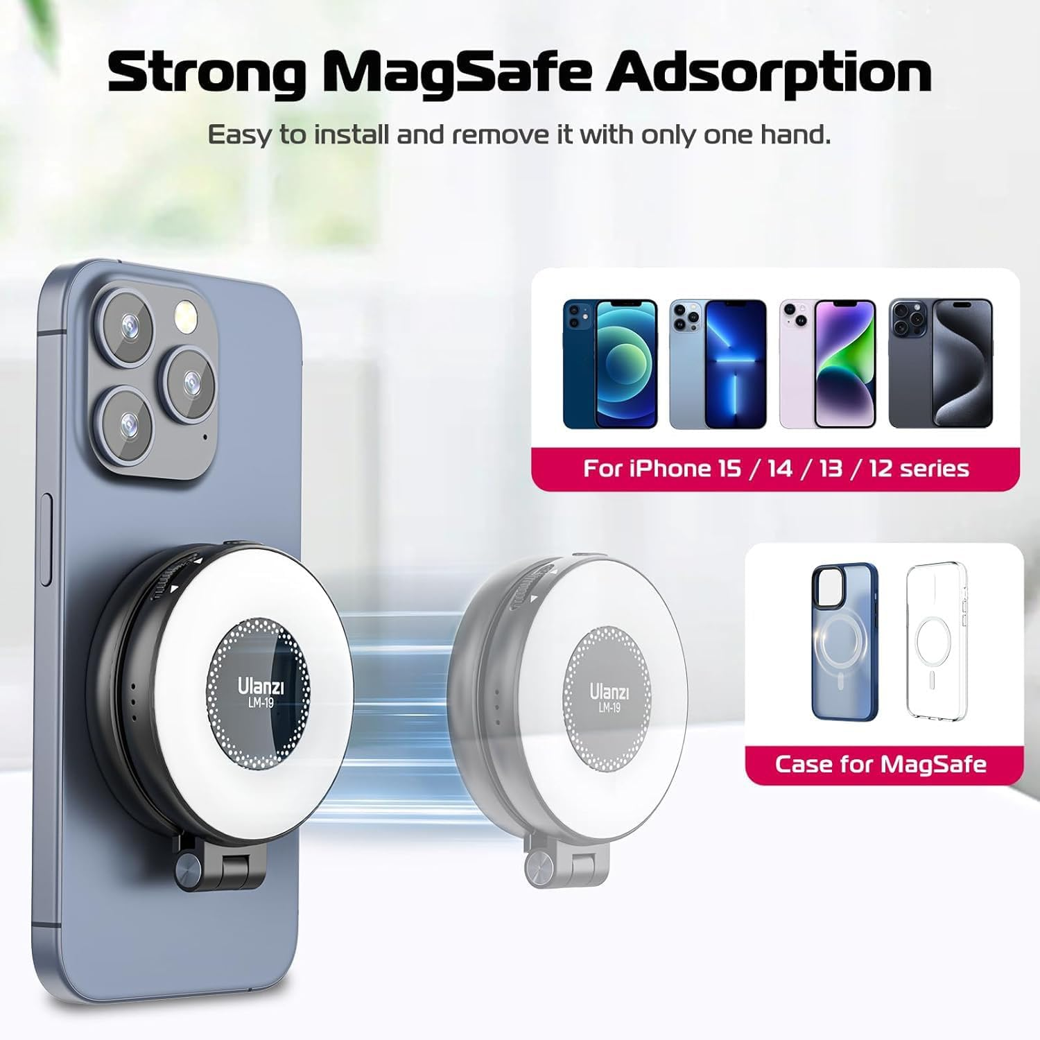 Un téléphone avec une lumière blanche et un étui. Le texte dit 'Strong MagSafe Adsorption'. Des images de modèles de téléphones sont affichées.