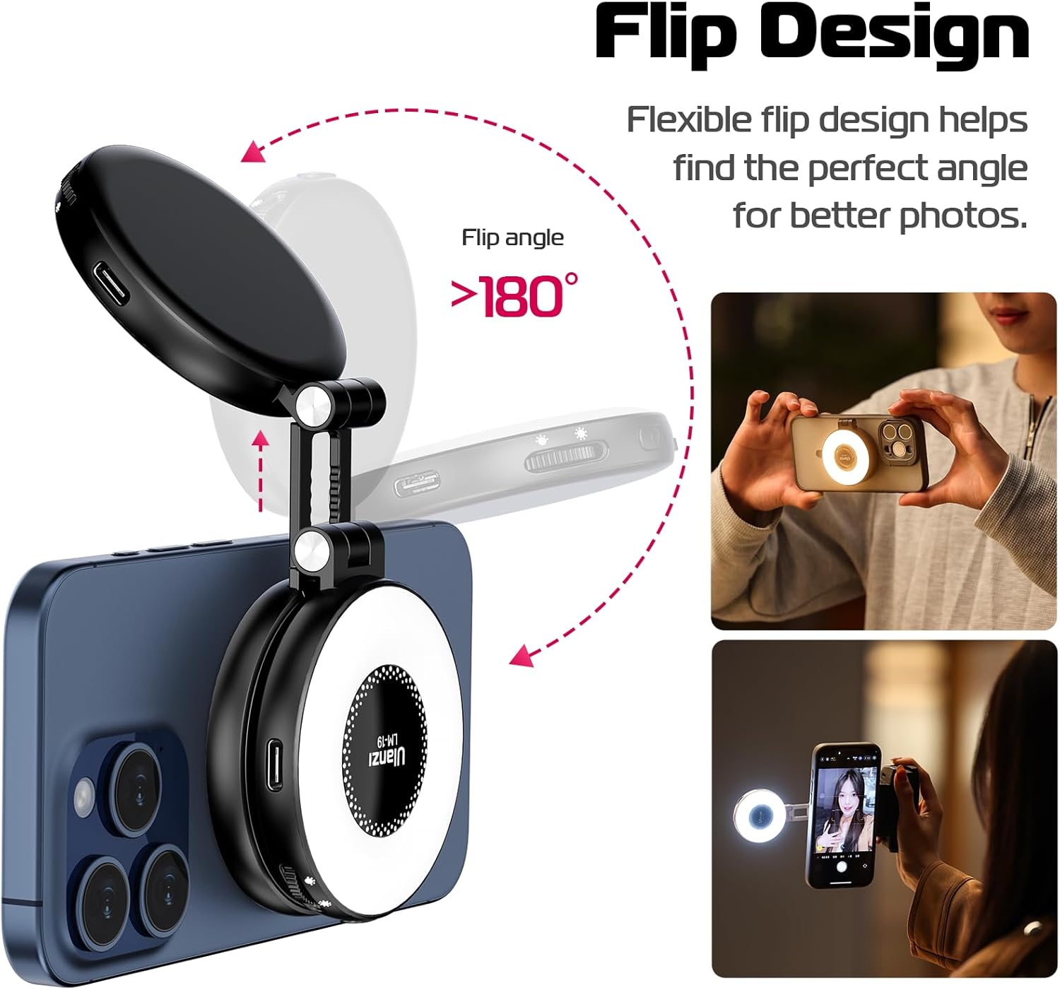 L'image montre un téléphone avec une fixation de lumière, démontrant la conception rabattable et le réglage de l'angle pour de meilleures photos.