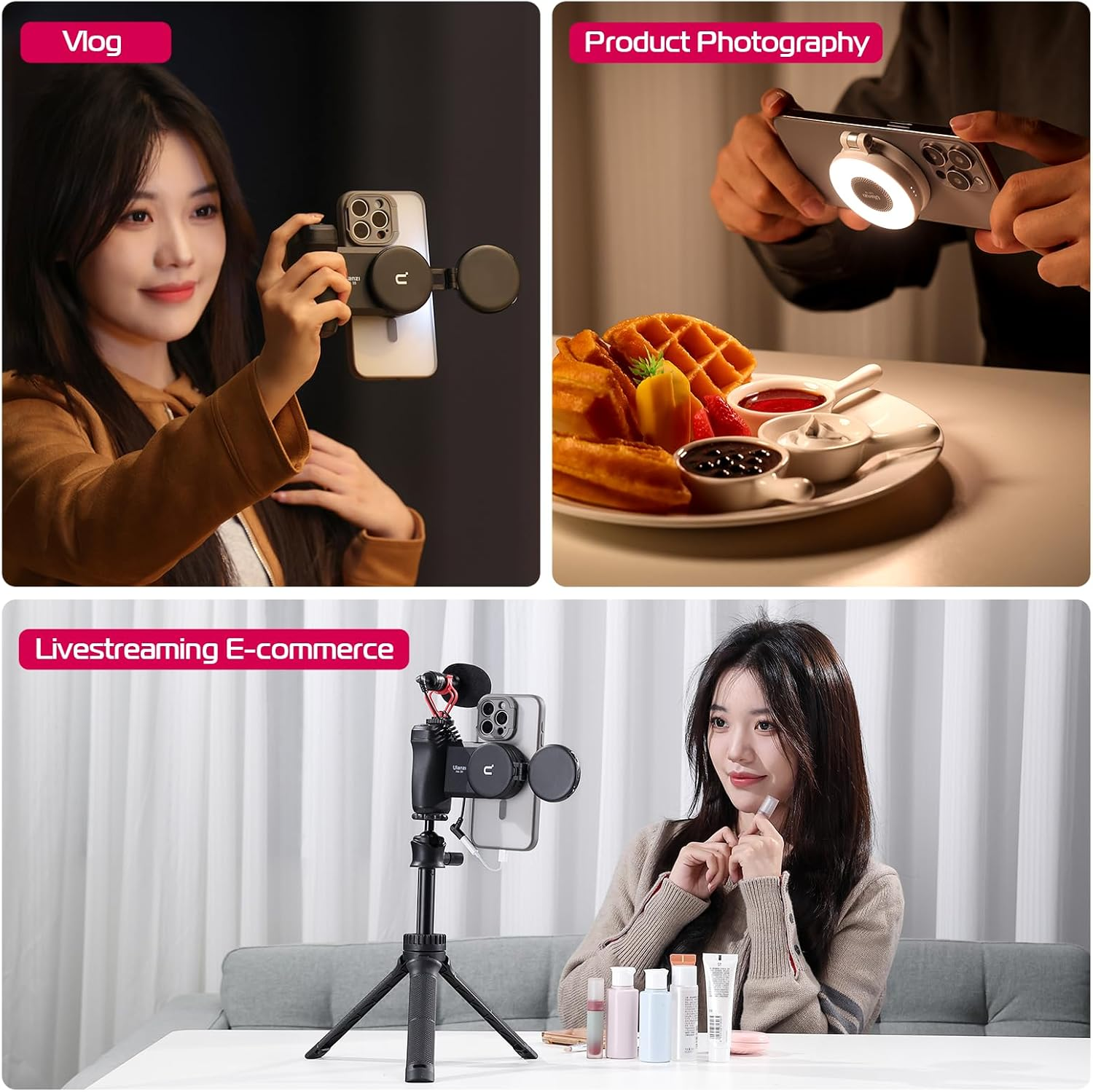 L'image montre trois scénarios d'utilisation d'un téléphone avec des accessoires pour le vlog, la photographie de produits et le streaming en direct.