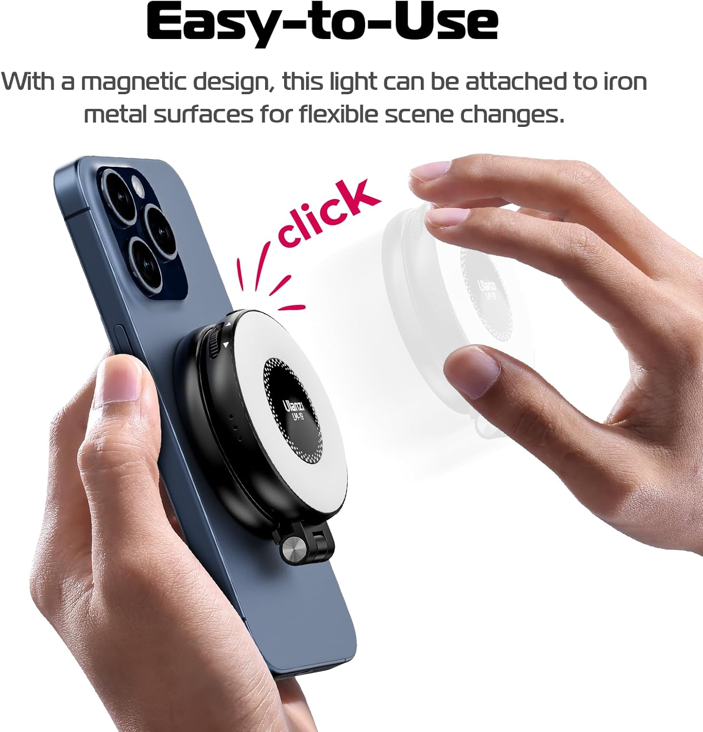 Une main fixe une petite lumière ronde à un téléphone. La lumière est blanche et noire, avec un graphique 'clic'.