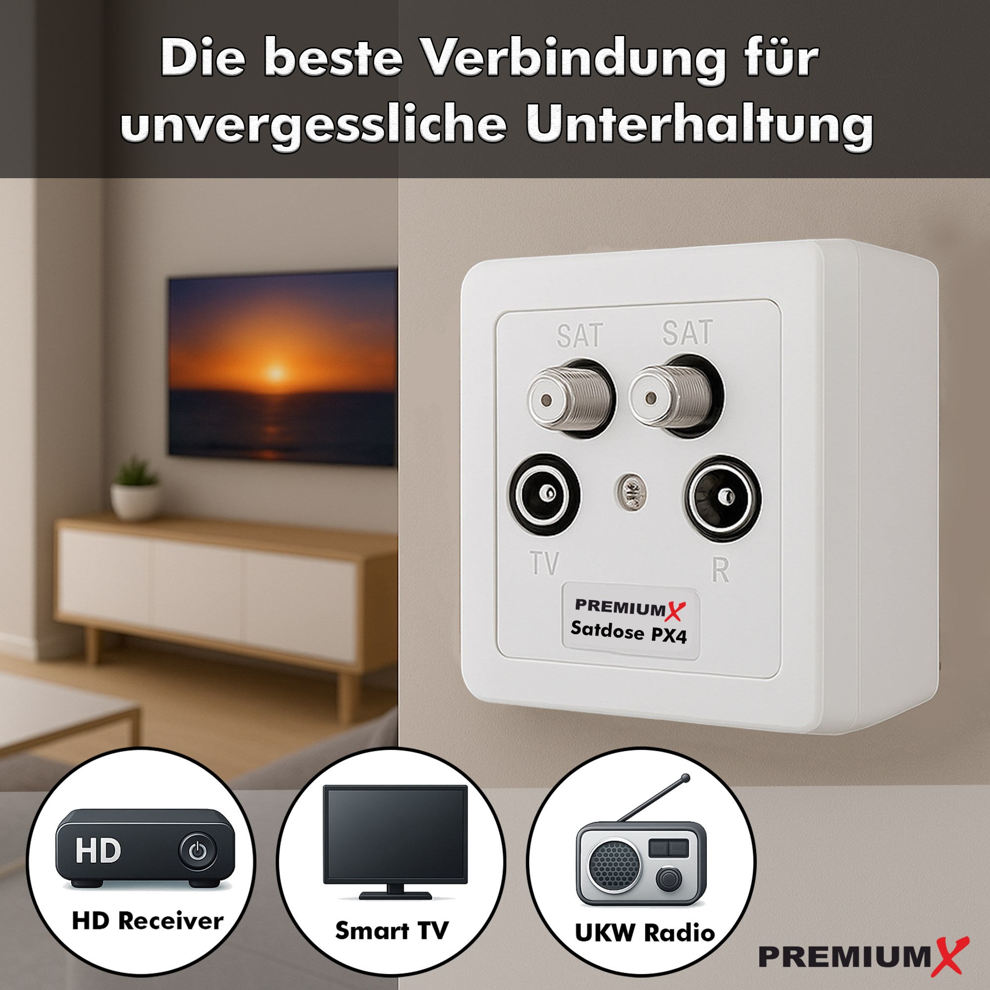 Eine Wand mit TV-Schrank, Satelliten-Wandsteckdose und drei Symbolen: HD-Receiver, Smart-TV und Radio.