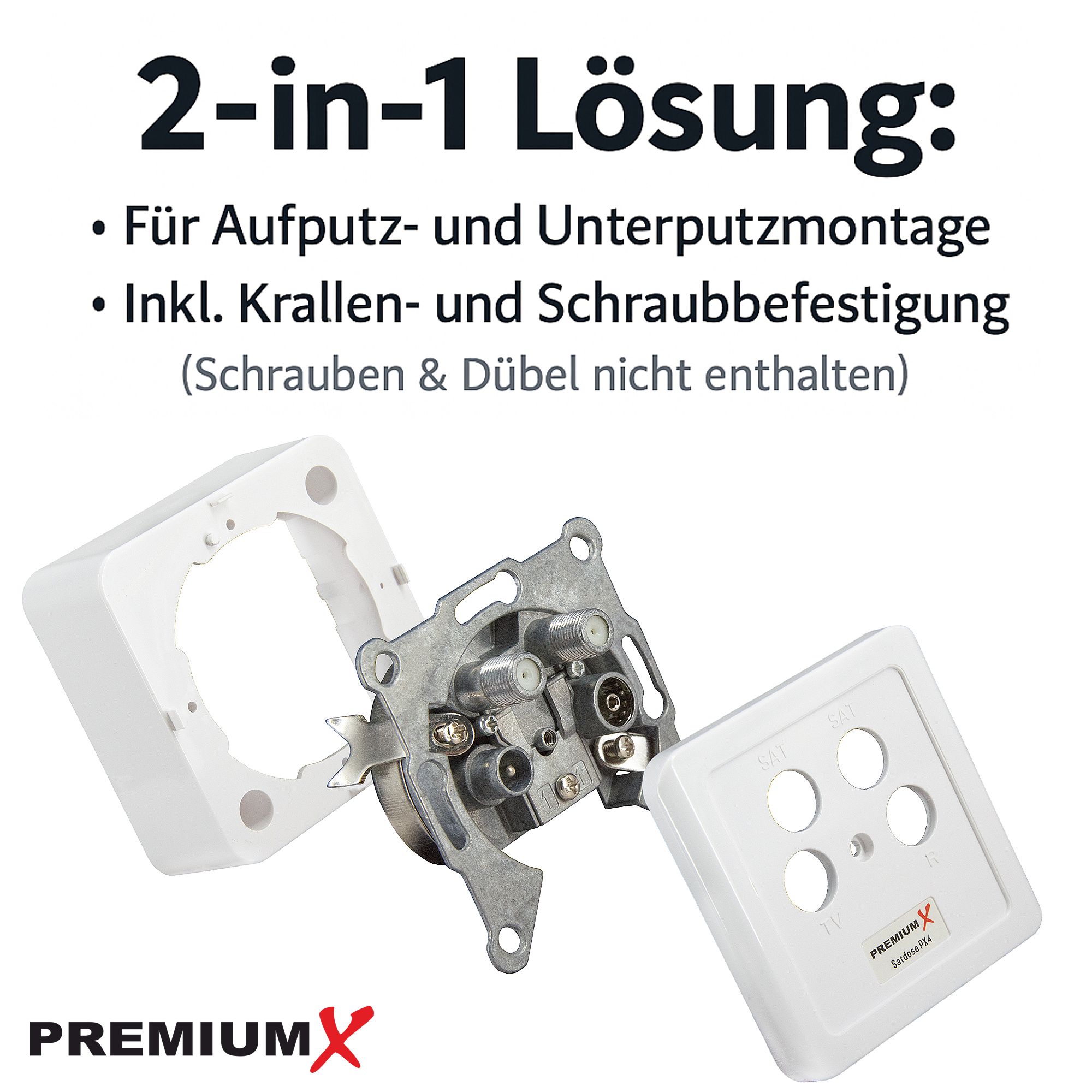 Eine weiße Wandsteckdose mit getrennten Teilen, die das Innere und die Frontplatte zeigen.