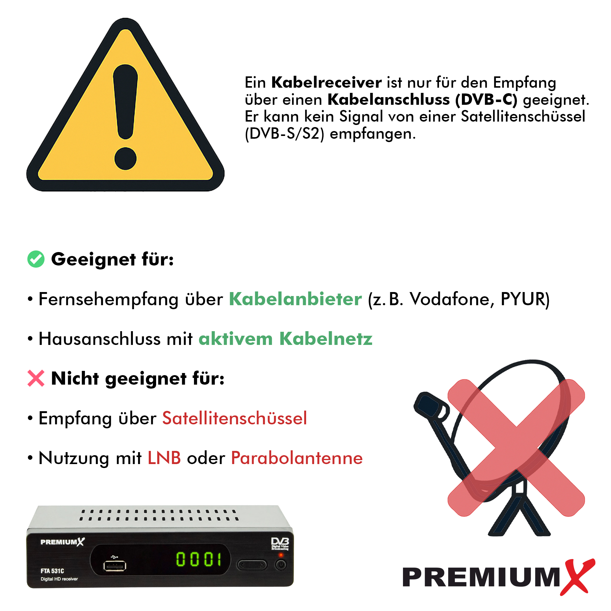Das Bild zeigt ein Warnschild, Text über Kabelreceiver und eine durchgestrichene Satellitenschüssel.
