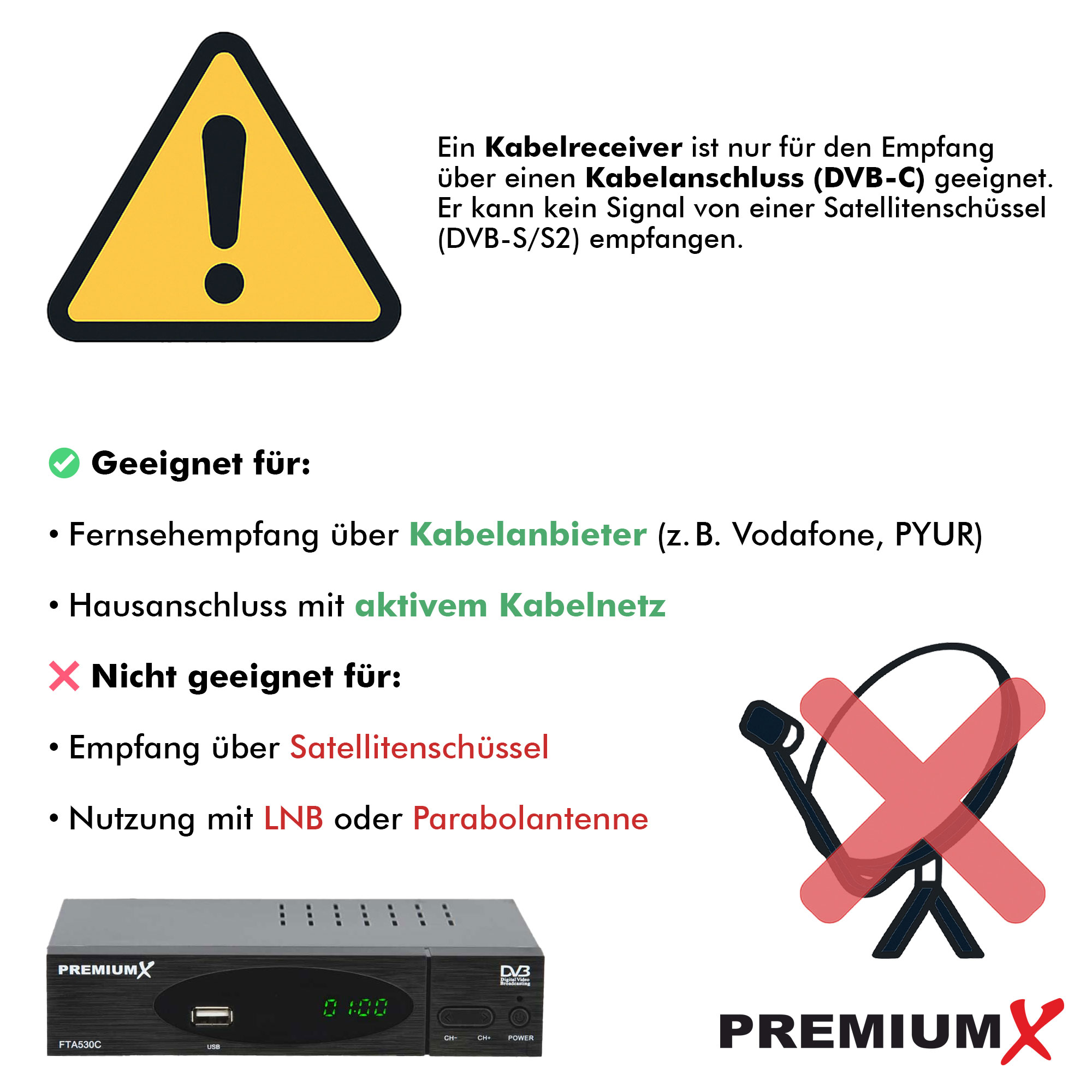 Das Bild zeigt ein Warnschild, Text über Kabelreceiver und eine durchgestrichene Satellitenschüssel.