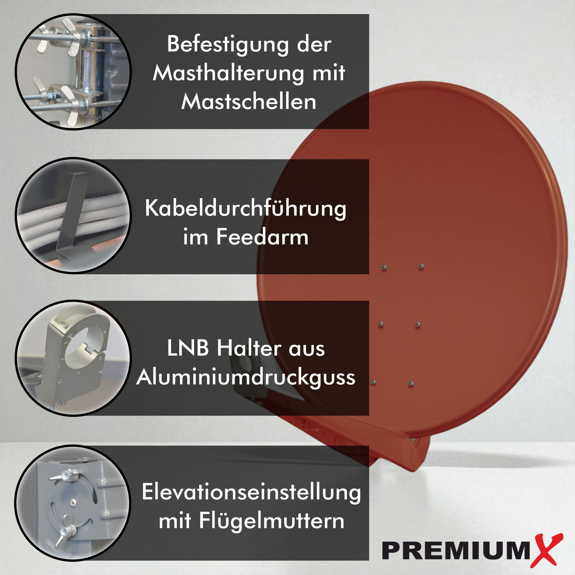 Satellitenschüssel-Komponenten: Mastklemmen, Kabelführung, LNB-Halterung und Höhenverstellung. Weißer Hintergrund.