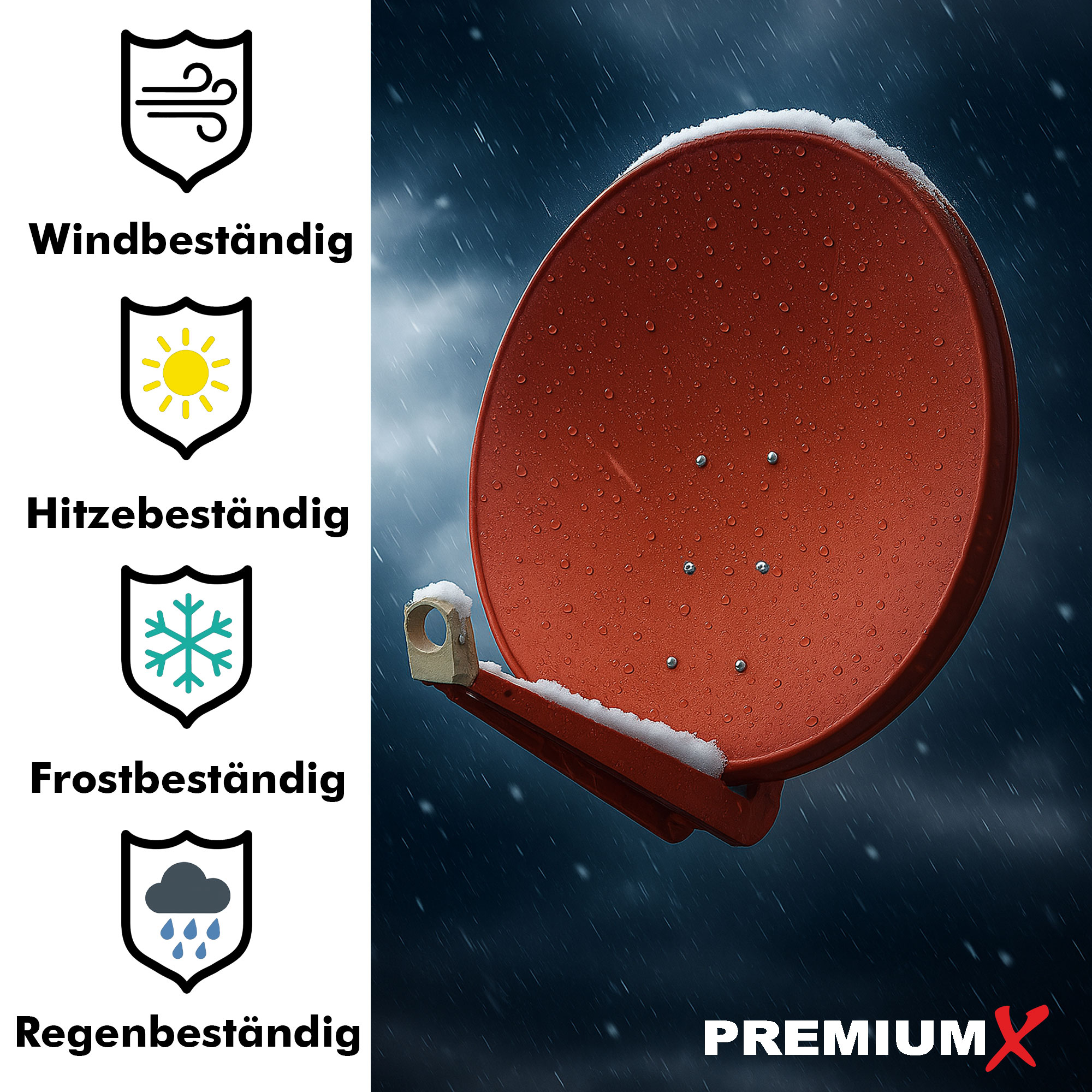 Eine rote Satellitenschüssel mit Symbolen für Wind-, Hitze-, Frost- und Regenbeständigkeit, in einer Regenszene.