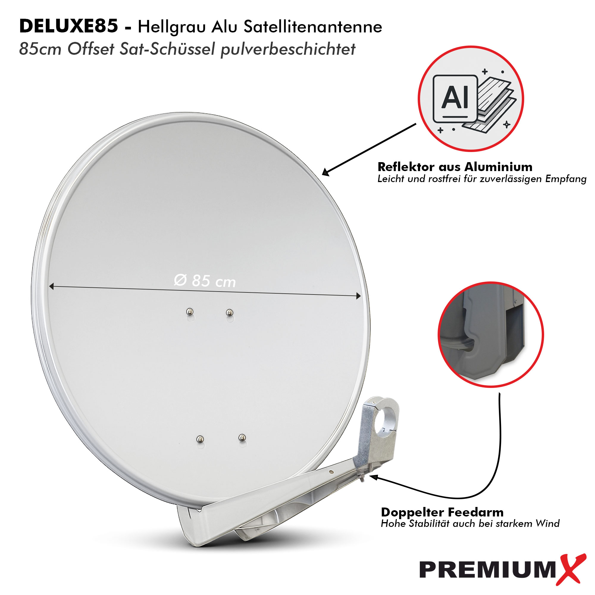 Eine Satellitenschüssel mit Details wie Reflektor, doppeltem Feedarm und Maßen. Weißer Hintergrund.