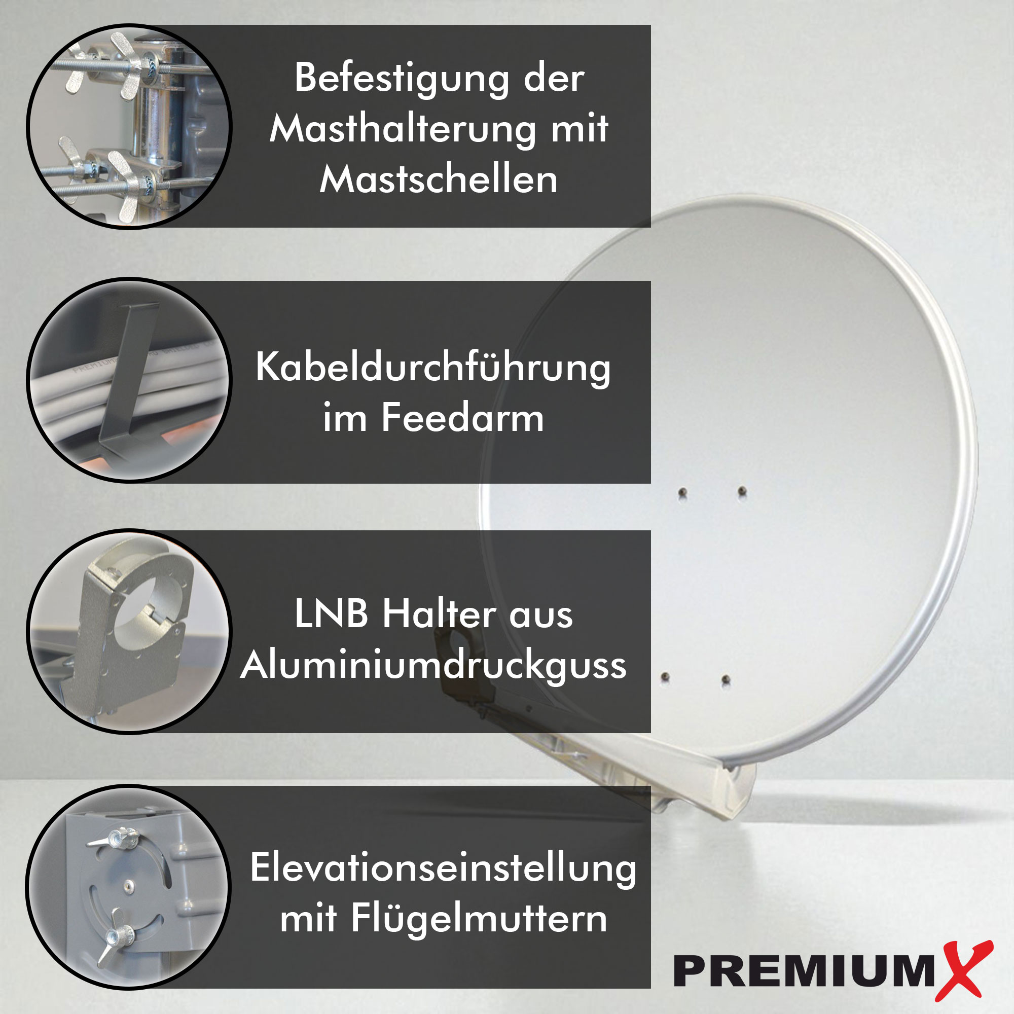 Satellitenschüssel-Komponenten: Mastklemmen, Kabelführung, LNB-Halterung und Höhenverstellung. Weißer Hintergrund.