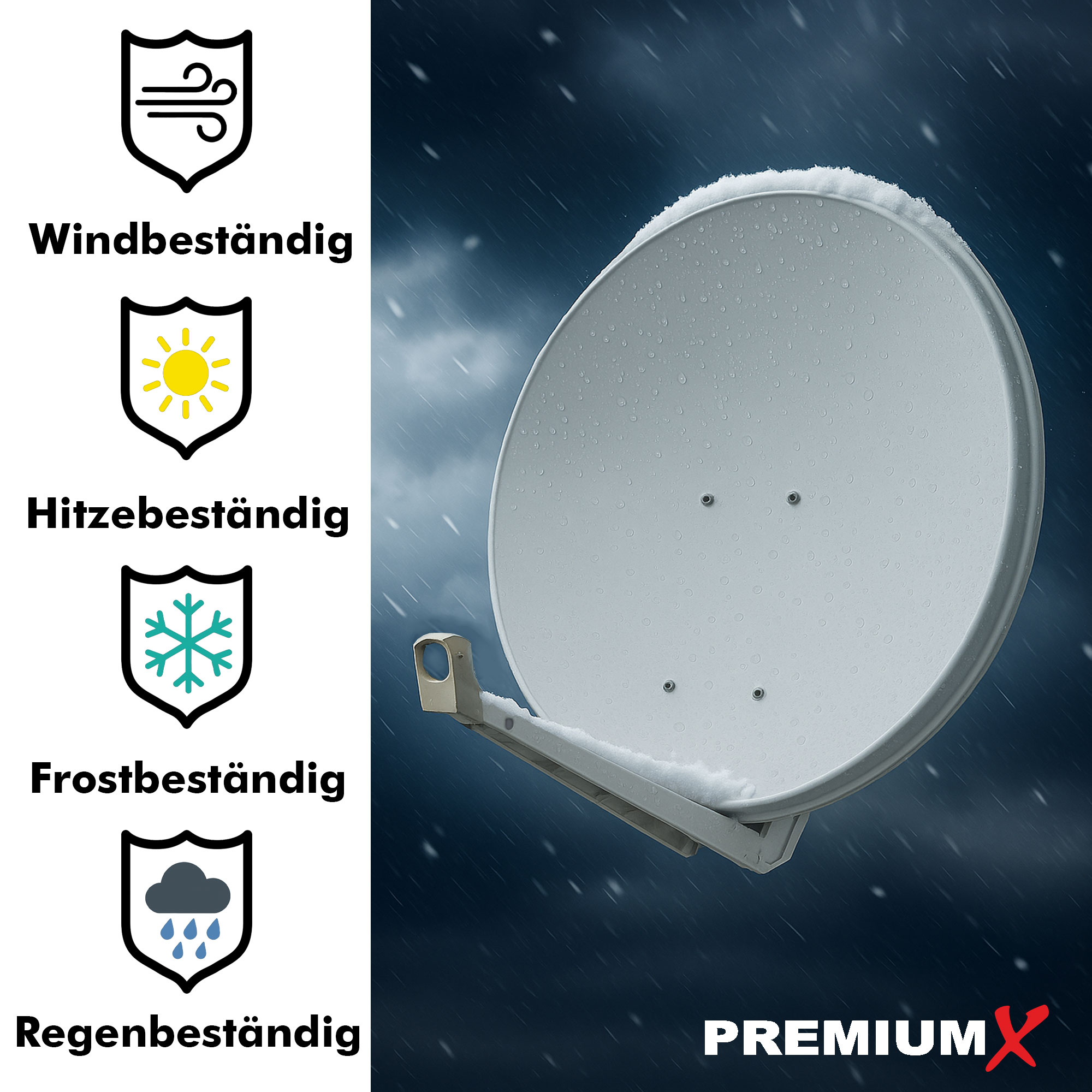 Eine weiße Satellitenschüssel mit Wettersymbolen, einschließlich Wind-, Hitze-, Frost- und Regenbeständigkeit auf einem Hintergrund.