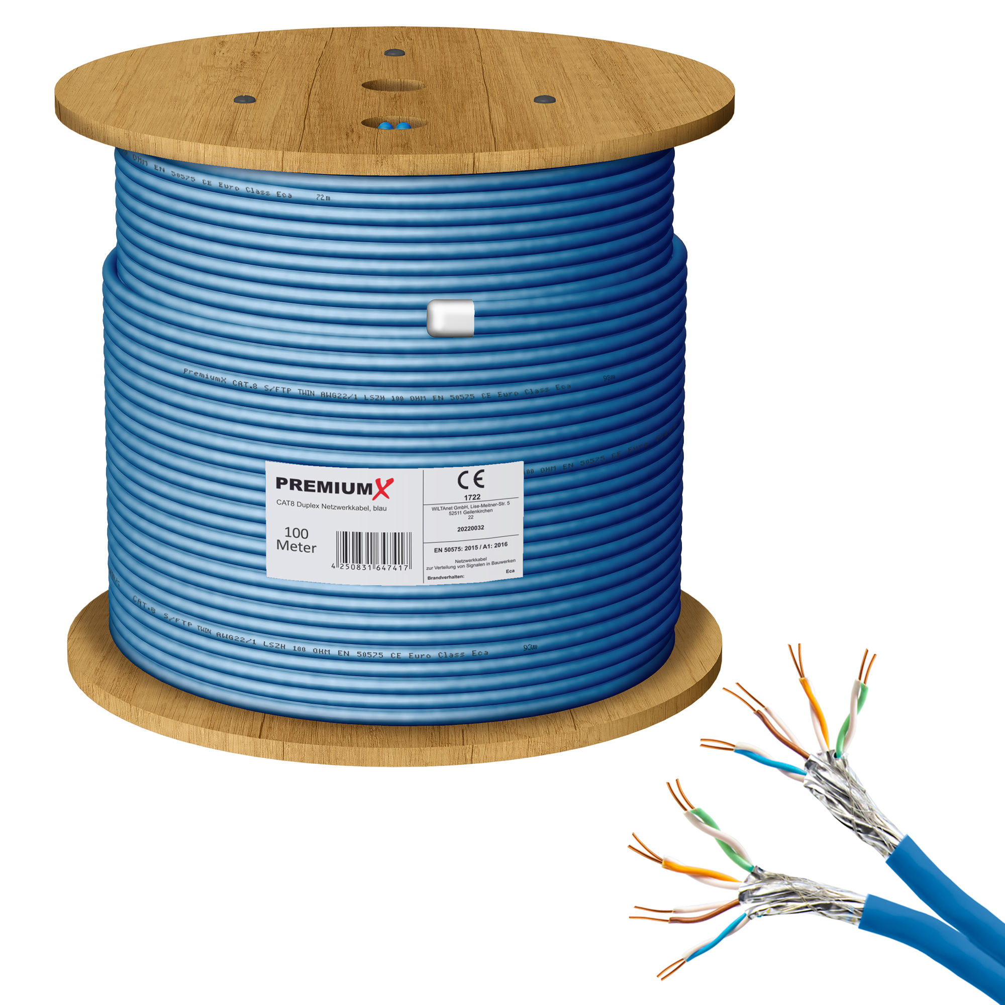 Blaue Kabelrolle und ein Kabelmuster. Der Hintergrund ist weiß.