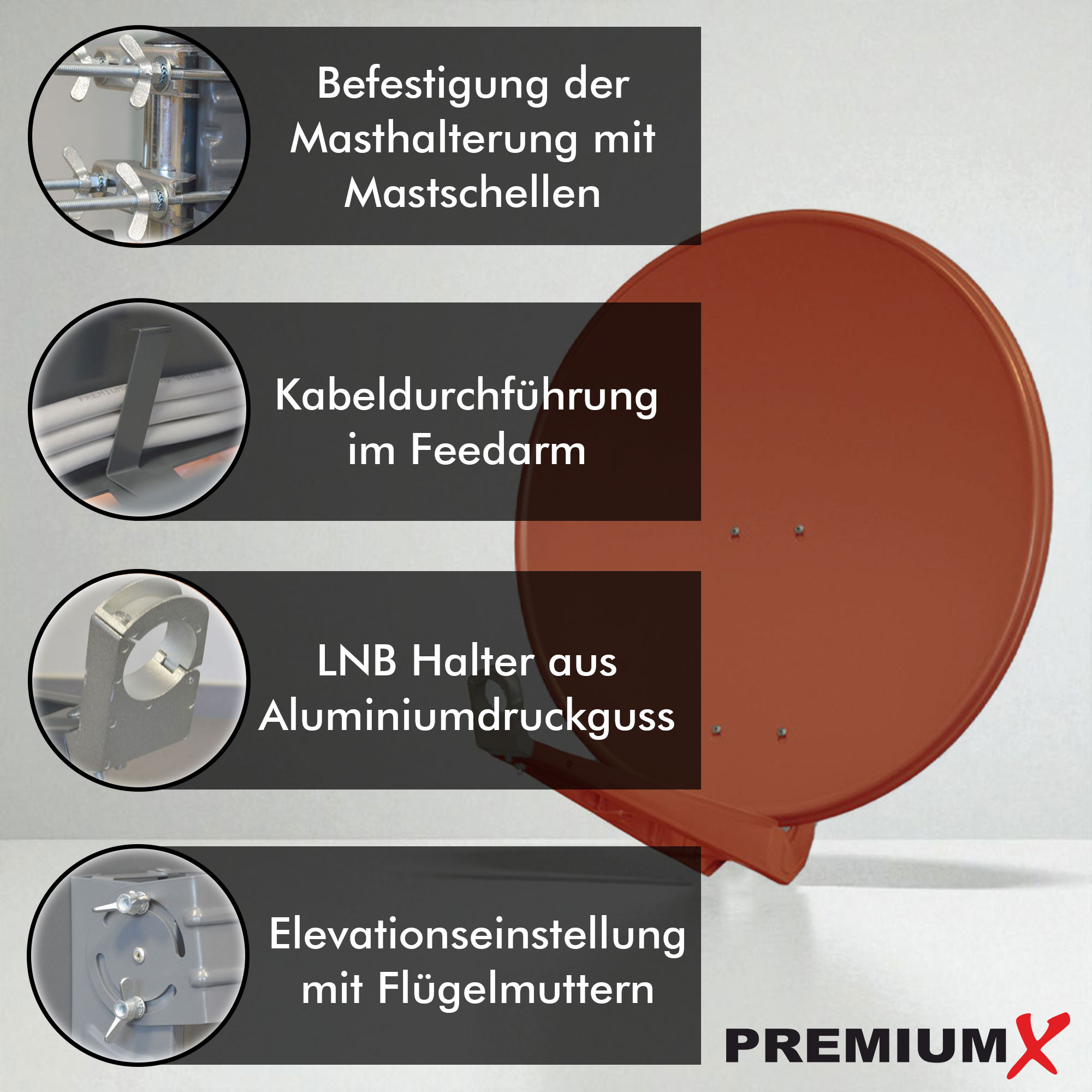 Eine braune Satellitenschüssel mit vergrößerten Details von Mast, Kabel und Höhenverstellung. Weißer Hintergrund.