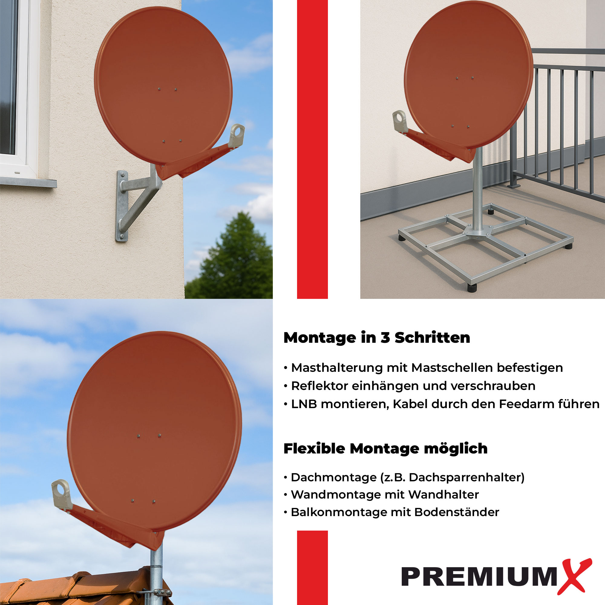 Satellitenschüsseln an Wand, Balkon und Dach montiert. Anweisungen und Montageoptionen. PremiumX Logo.