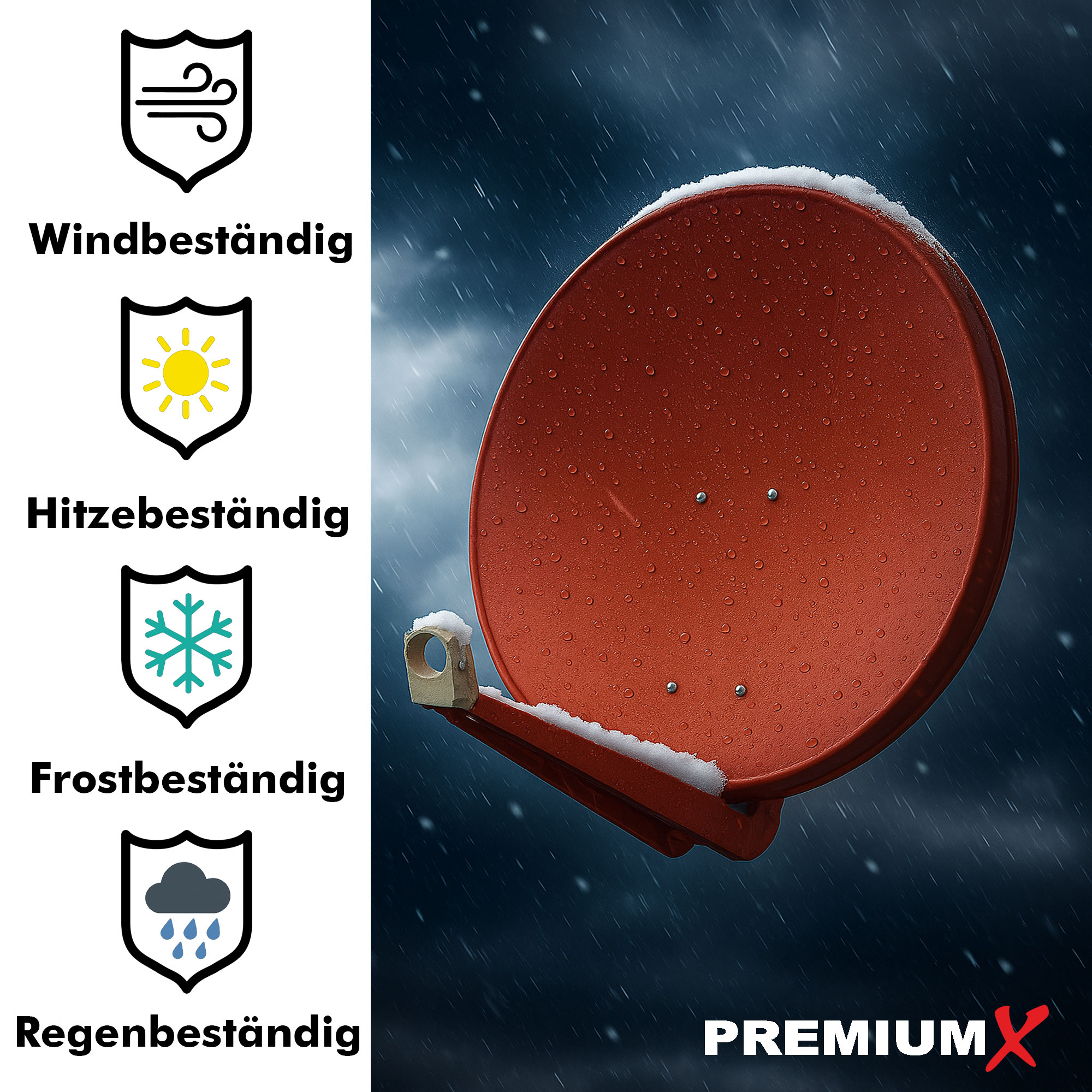Roter Satellitenschüssel mit Schnee, Icons für Wind-, Hitze-, Frost- und Regenbeständigkeit. PremiumX Logo.