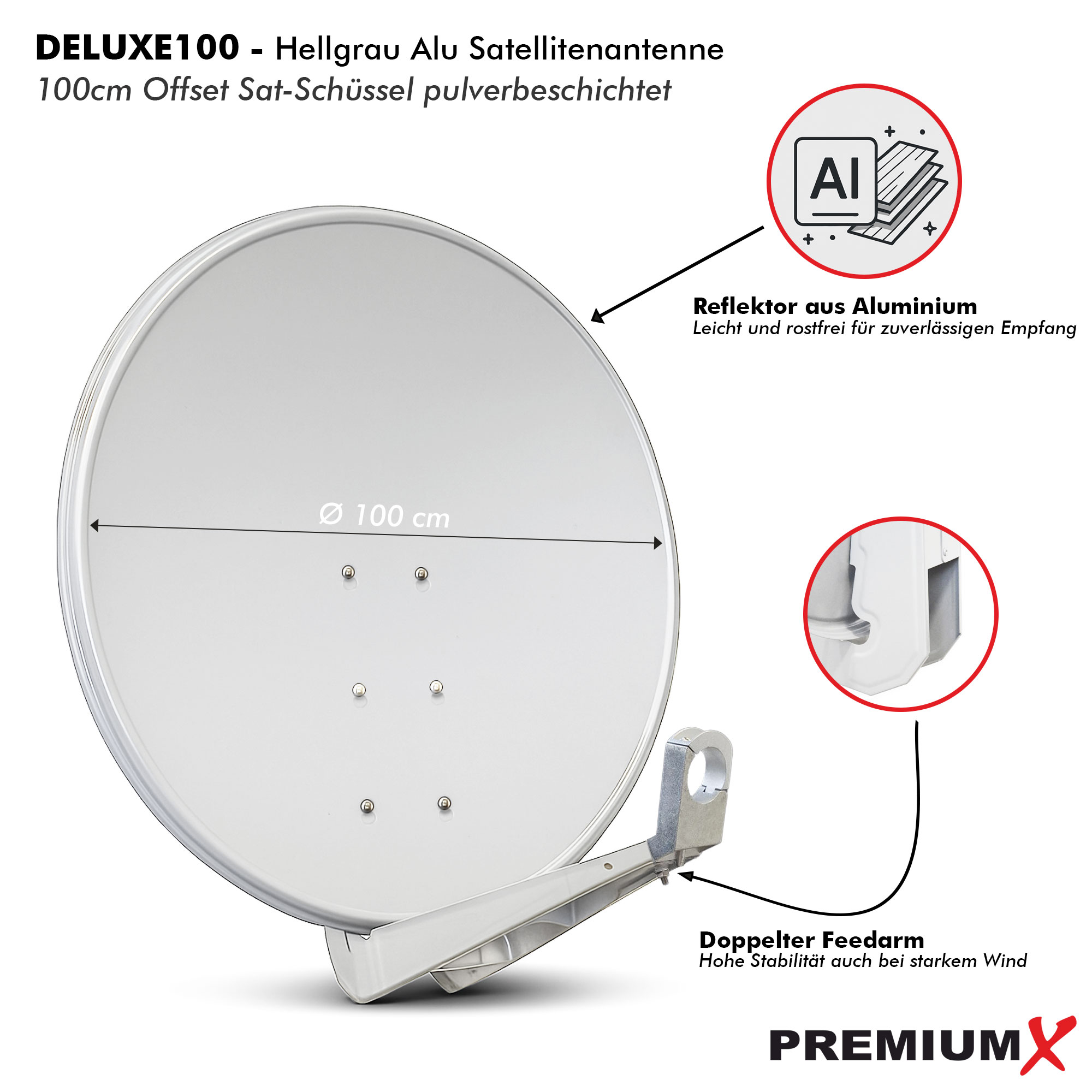 Eine weiße Satellitenschüssel mit Details wie Reflektor und doppeltem Feedarm. Maße mit weißem Hintergrund.