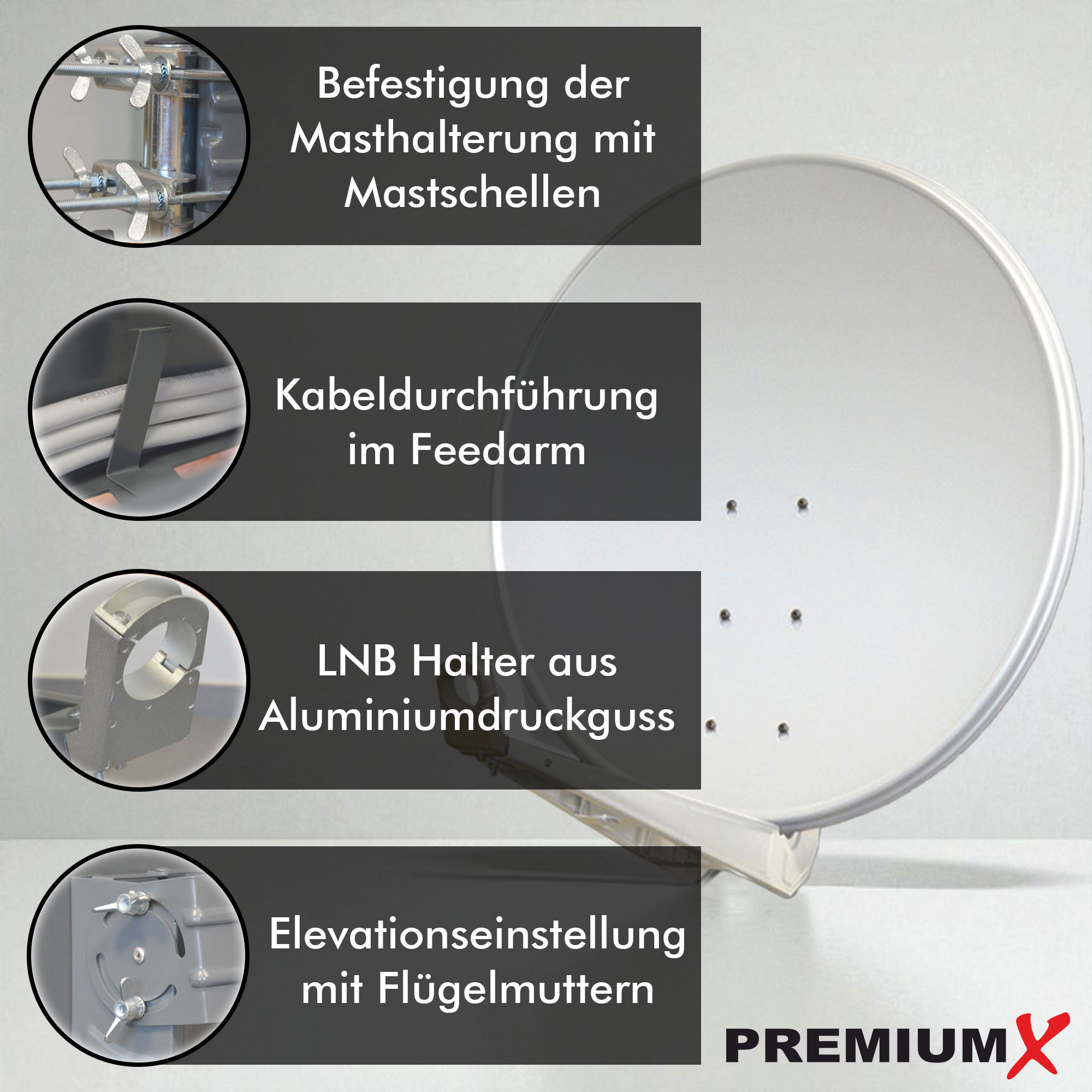 Weiße Satellitenschüssel mit Details: Mastbefestigung, Kabelführung, LNB-Halterung, Höhenverstellung. PremiumX.