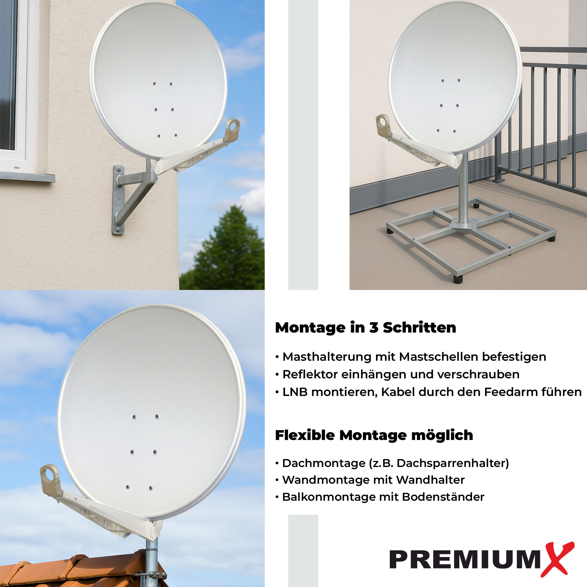 Satellitenschüsseln an Wand, Balkon und Dach montiert. Anweisungen und Montageoptionen. PremiumX Logo.