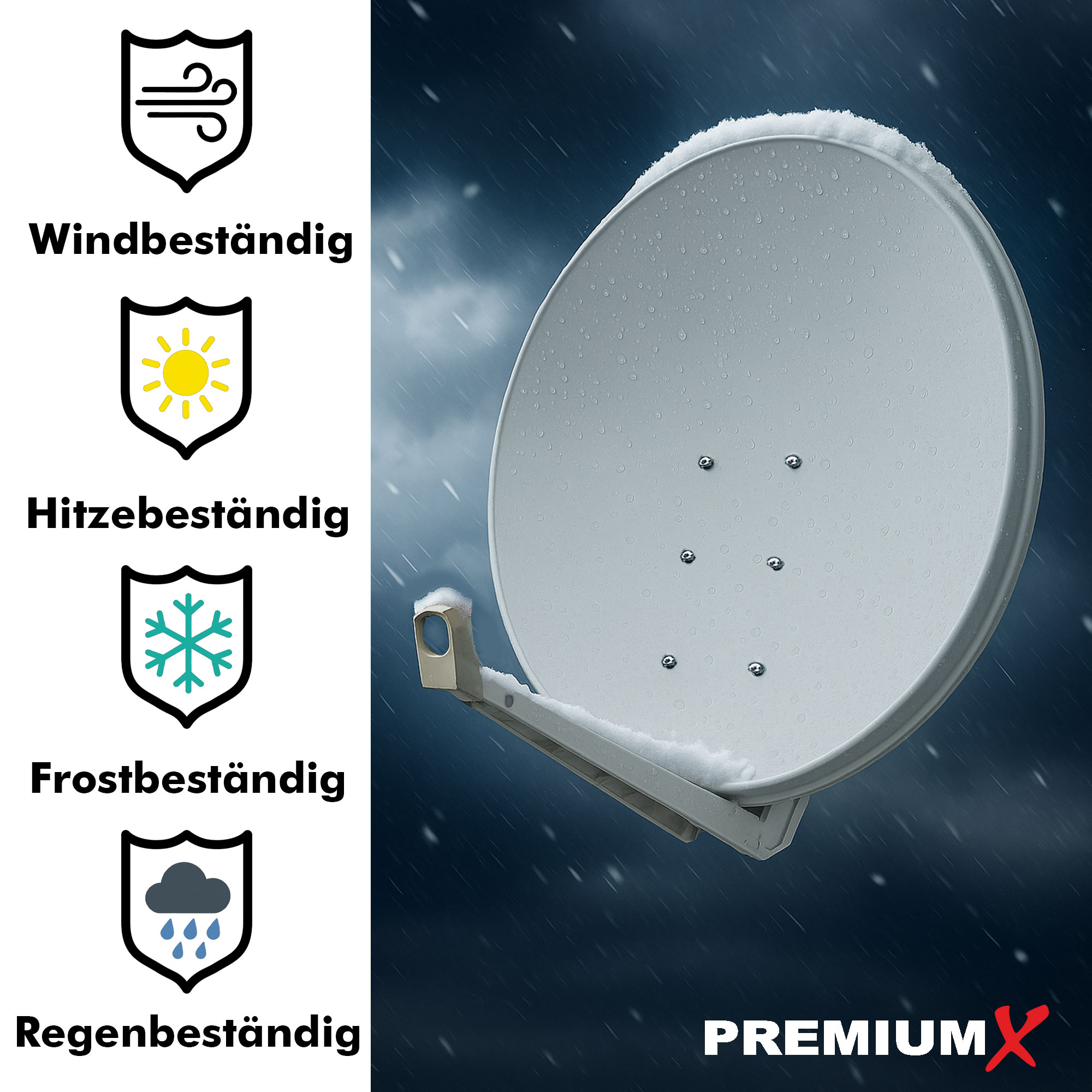 Weiße Satellitenschüssel mit Icons für Wind-, Hitze-, Frost- und Regenbeständigkeit. PremiumX Logo.