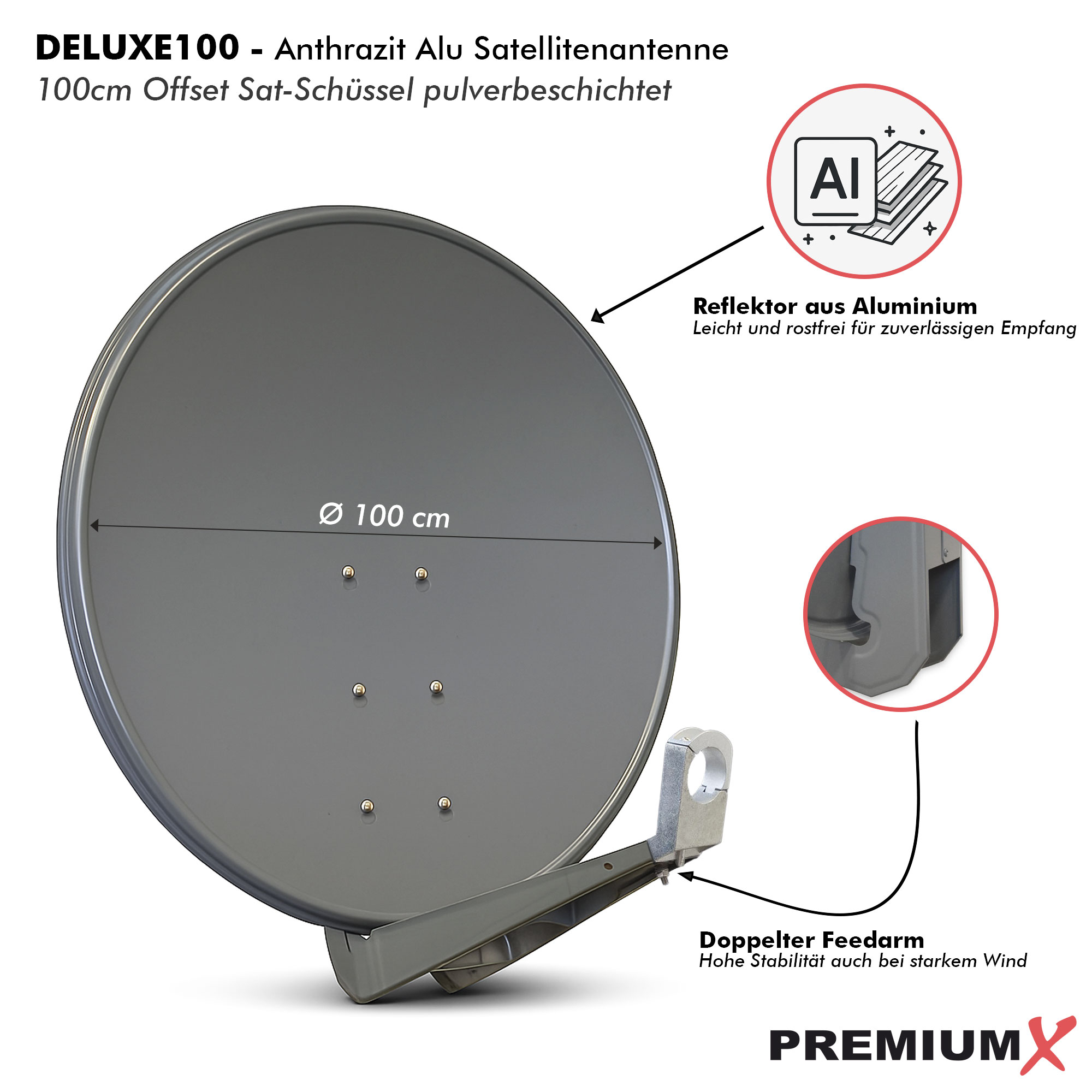 Dunkelgraue Satellitenschüssel, 100cm, mit Aluminiumreflektor und doppeltem Feedarm. PremiumX Logo.