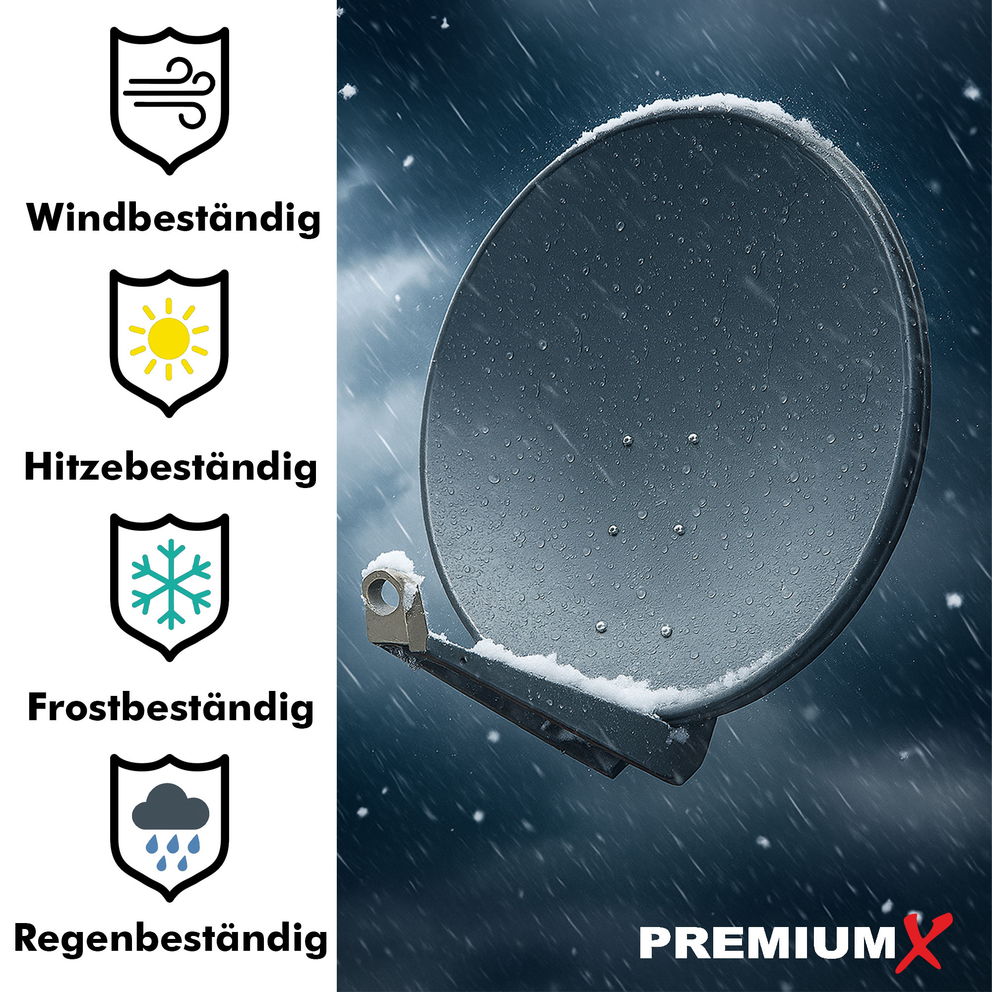 Satellitenschüssel in einer verschneiten Szene. Symbole zeigen Wind-, Hitze-, Frost- und Regenbeständigkeit.