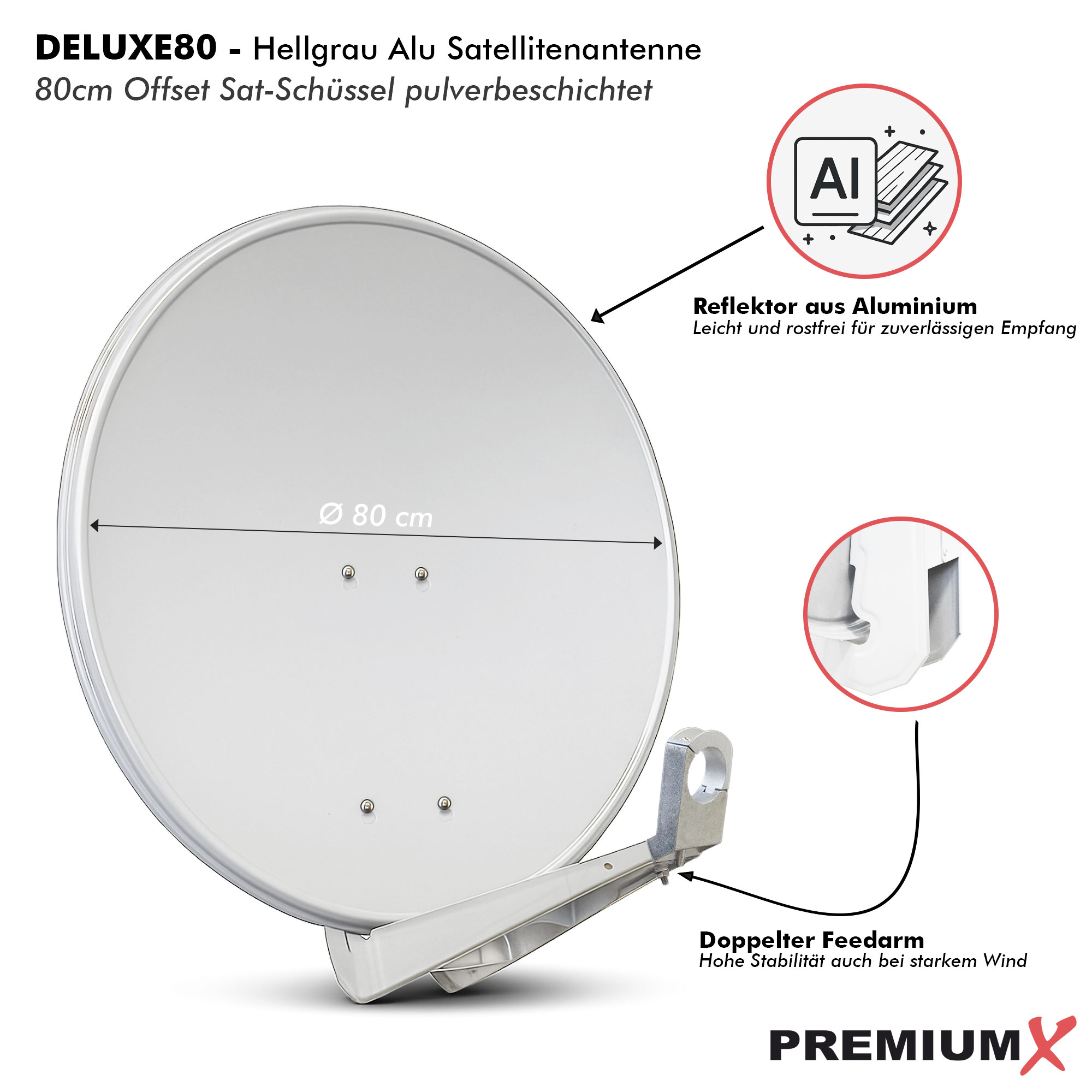 Graue Satellitenschüssel, 80cm, mit Aluminiumreflektor und doppeltem Feedarm. PremiumX Logo.