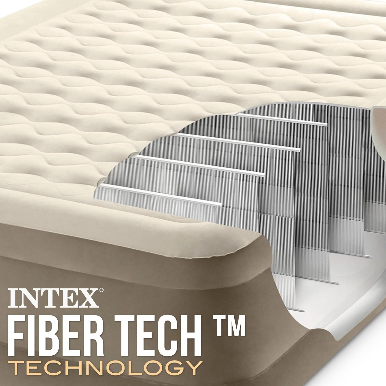 Beige Intex-Luftmatratze mit einem Ausschnitt der Fiber-Tech-Technologie.