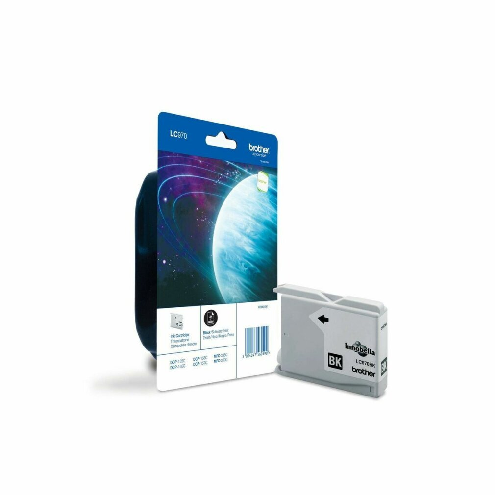 Opakowanie z wkładem atramentowym Brother LC970 z grafiką niebieskiej planety i oddzielny czarny wkład atramentowy z etykietą "Innobia".