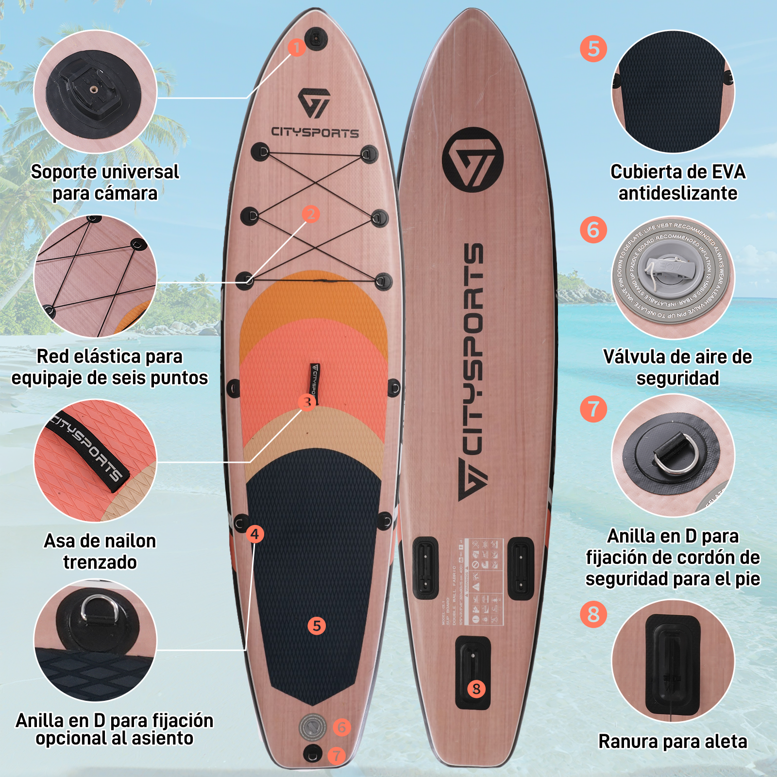 Diagrama de un paddleboard con partes etiquetadas. Muestra características como la red elástica, el asa y la válvula.