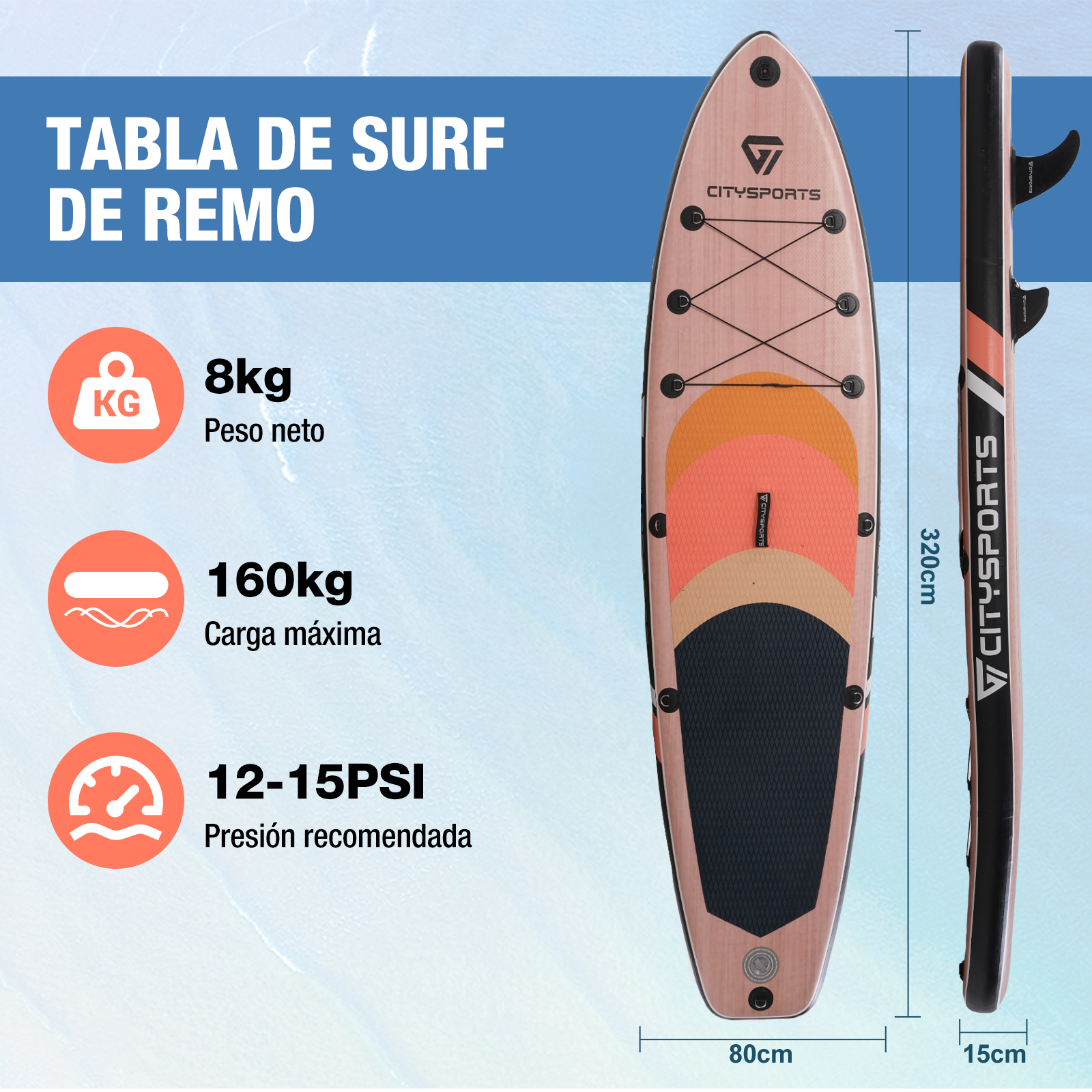 Información sobre una tabla de paddle surf: peso, carga máxima y presión recomendada, junto con las dimensiones.