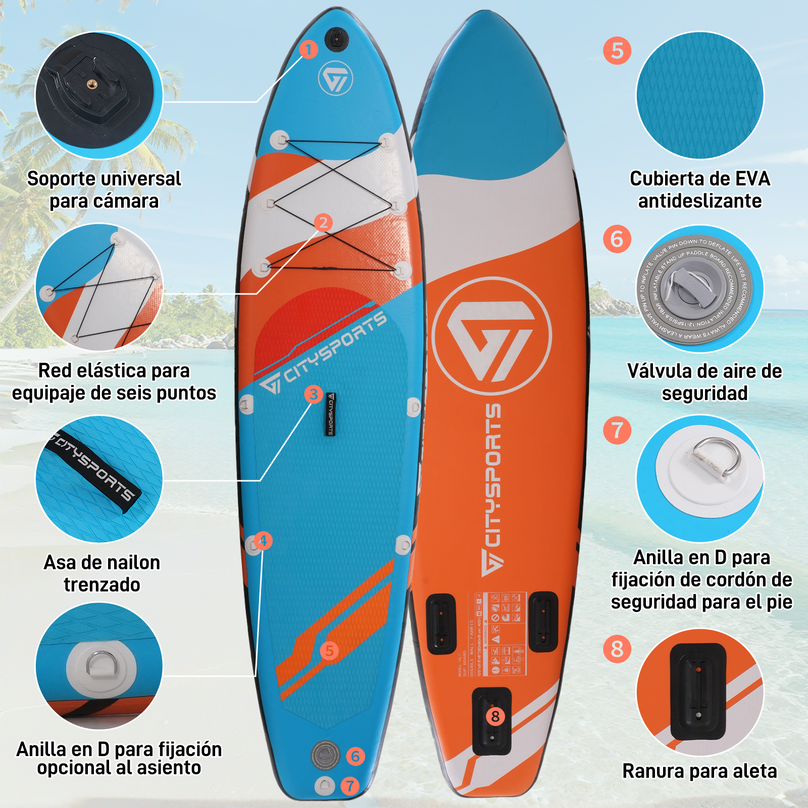 Diagrama de un paddleboard con partes etiquetadas. Muestra características como la red elástica, el asa y la válvula.