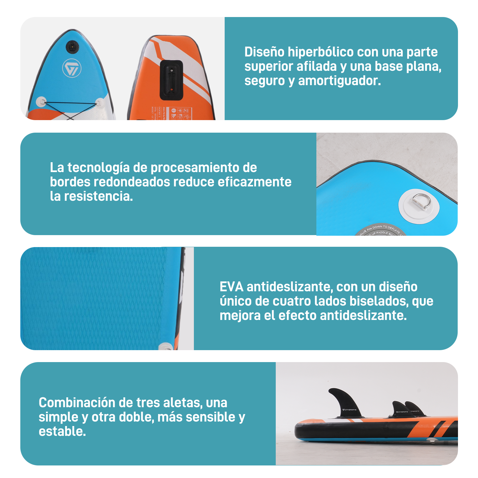 Primeros planos de una tabla de paddle surf azul y naranja, destacando sus características y elementos de diseño.