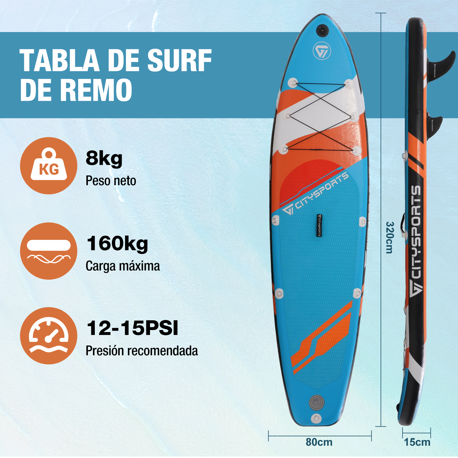 Información sobre una tabla de paddle surf: peso, carga máxima y presión recomendada, junto con las dimensiones.