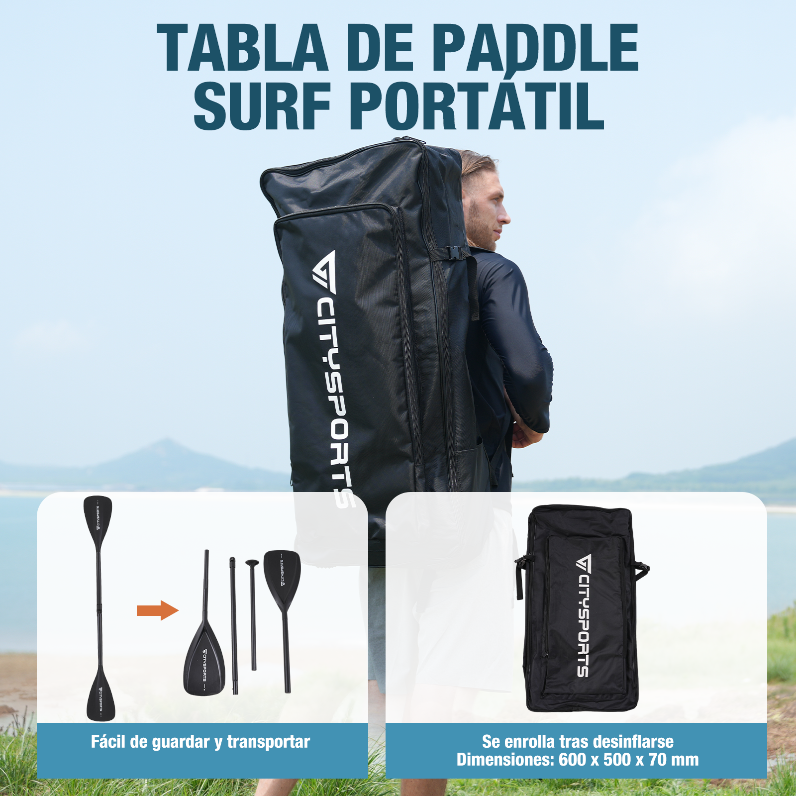 Hombre lleva una bolsa negra de paddleboard. Debajo hay partes de remo y una bolsa enrollada con texto 'CITYSPORTS'.