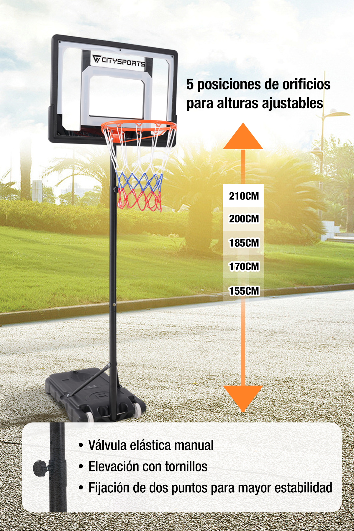 Un aro de baloncesto con ajustes de altura ajustables. Un diagrama muestra las diferentes opciones de altura disponibles, en cm.
