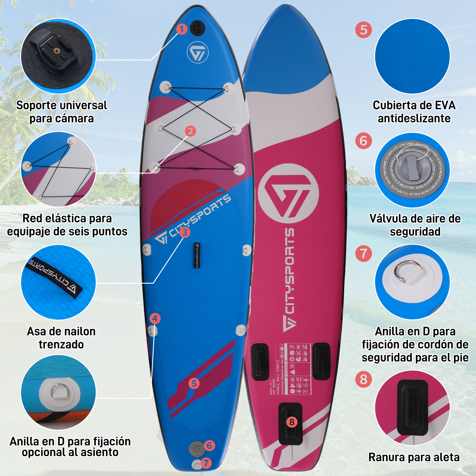 Dos tablas de paddle con detalles: soporte para cámara, red elástica, asa, anillas en D y cubierta antideslizante de EVA y ranura para aleta.
