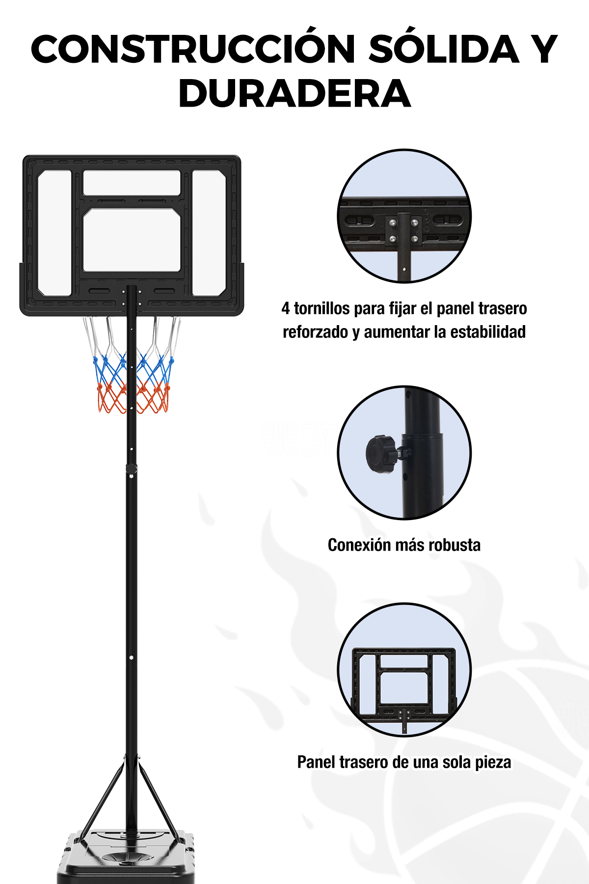 Un aro de baloncesto con detalles: tornillos, tablero trasero reforzado y una conexión robusta. Un fondo blanco.