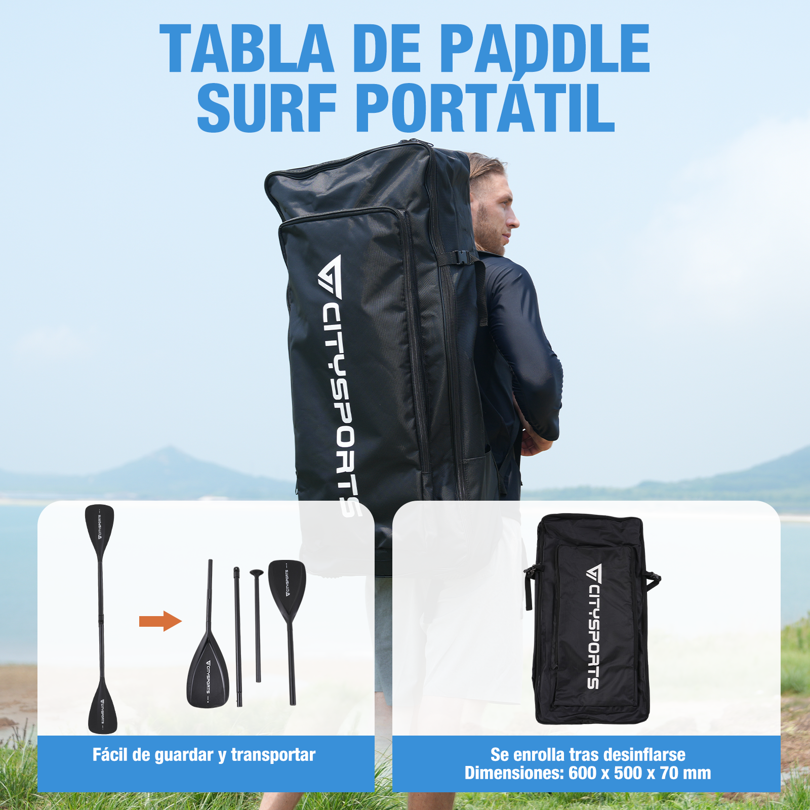 Hombre llevando bolsa de paddleboard negro y palas. El paddleboard es fácil de guardar y transportar.