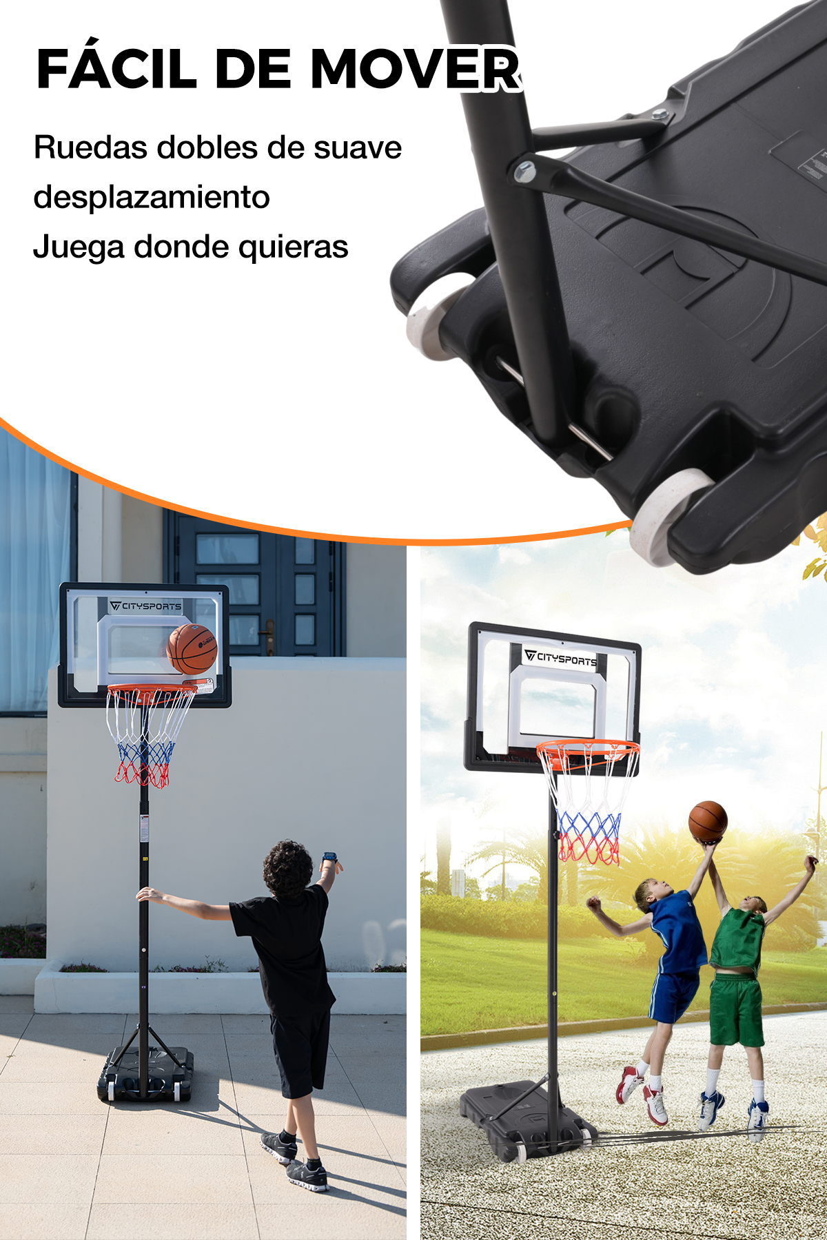 Dos niños jugando baloncesto. Uno lanza un balón, otro salta para atraparlo. Se ven ruedas negras.
