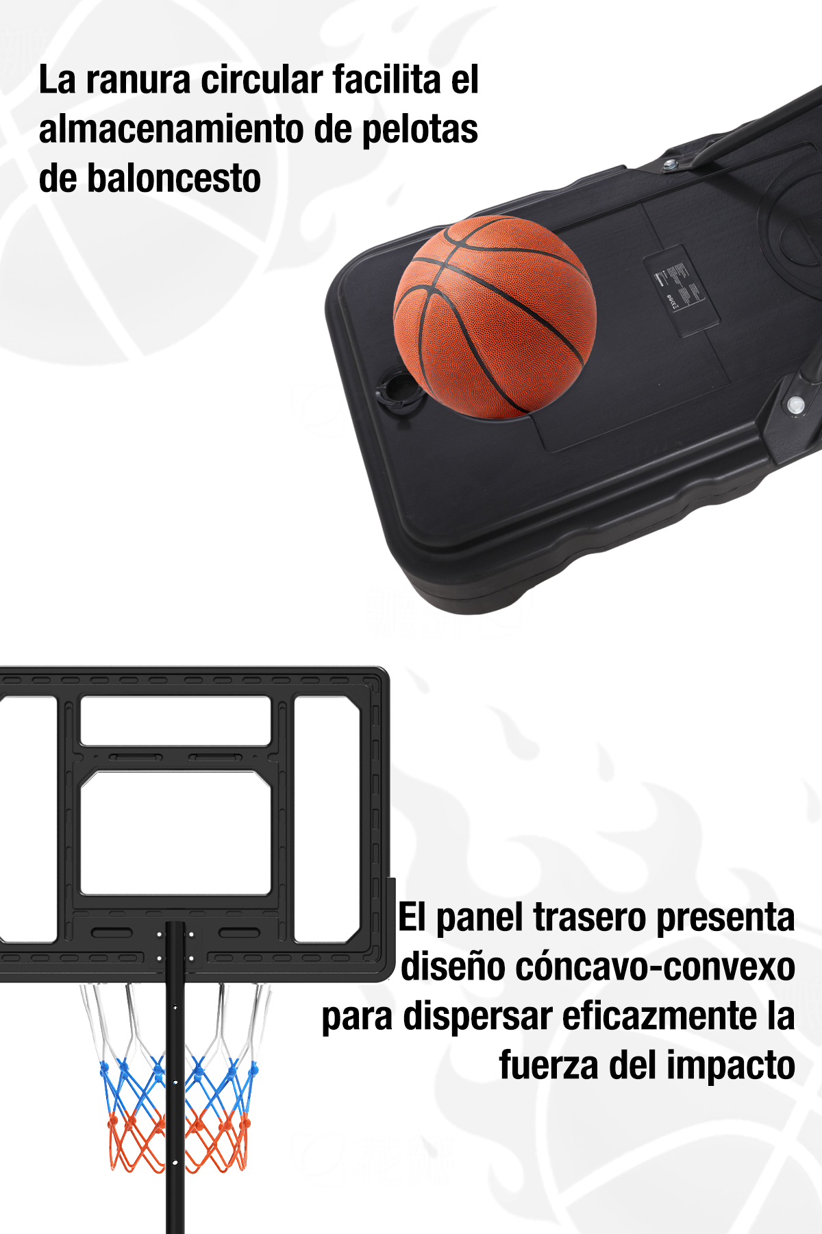 Aro de baloncesto con ranura de almacenamiento de balones. El tablero tiene un diseño cóncavo-convexo para dispersar la fuerza del impacto.