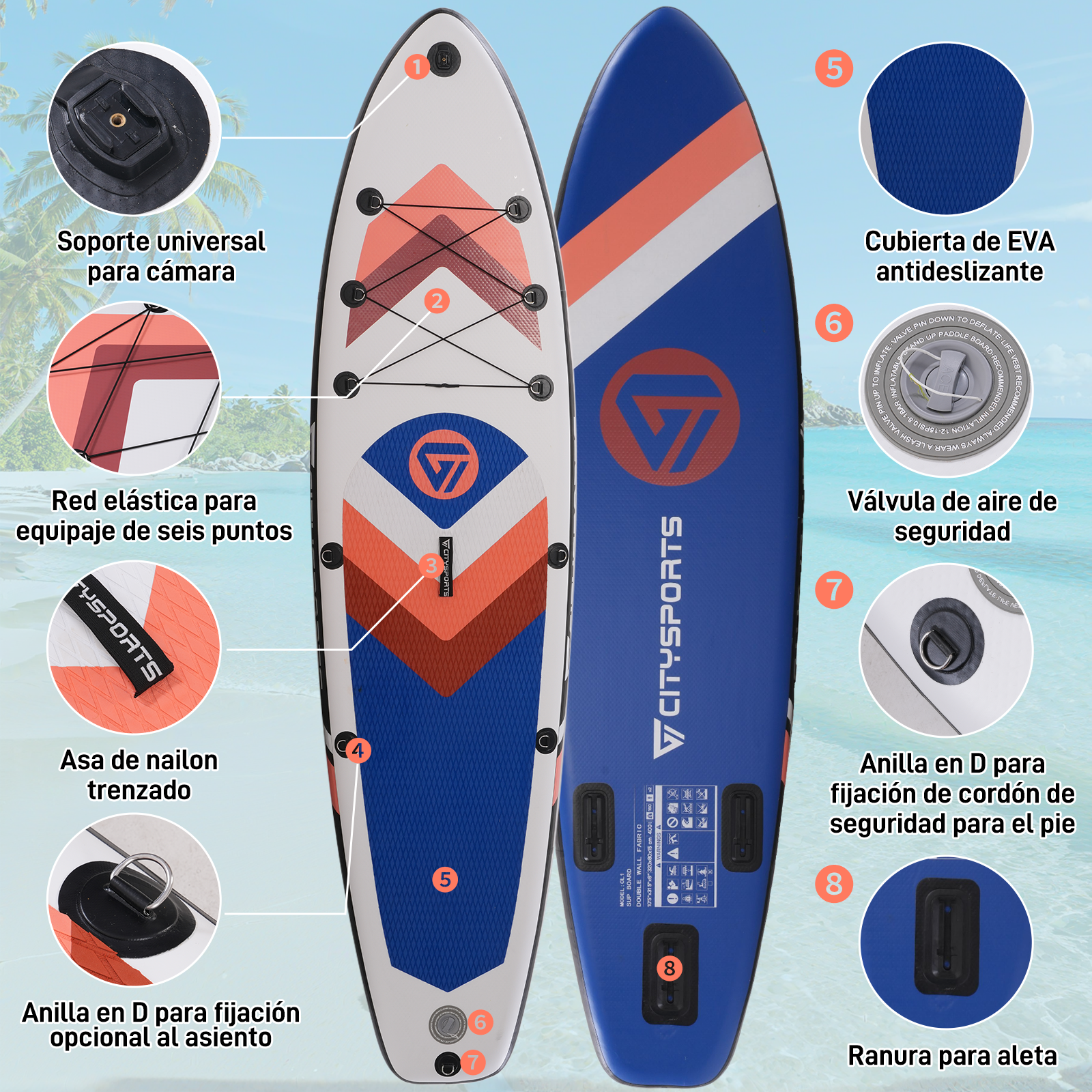Dos tablas de paddle con detalles: soporte para cámara, red elástica, asa, anillas en D y cubierta antideslizante de EVA y ranura para aleta.