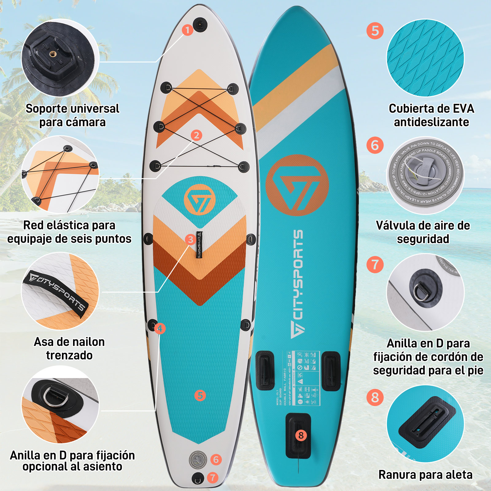 Paddleboard con características y detalles. Incluye montaje de cámara, red elástica y anillas D.