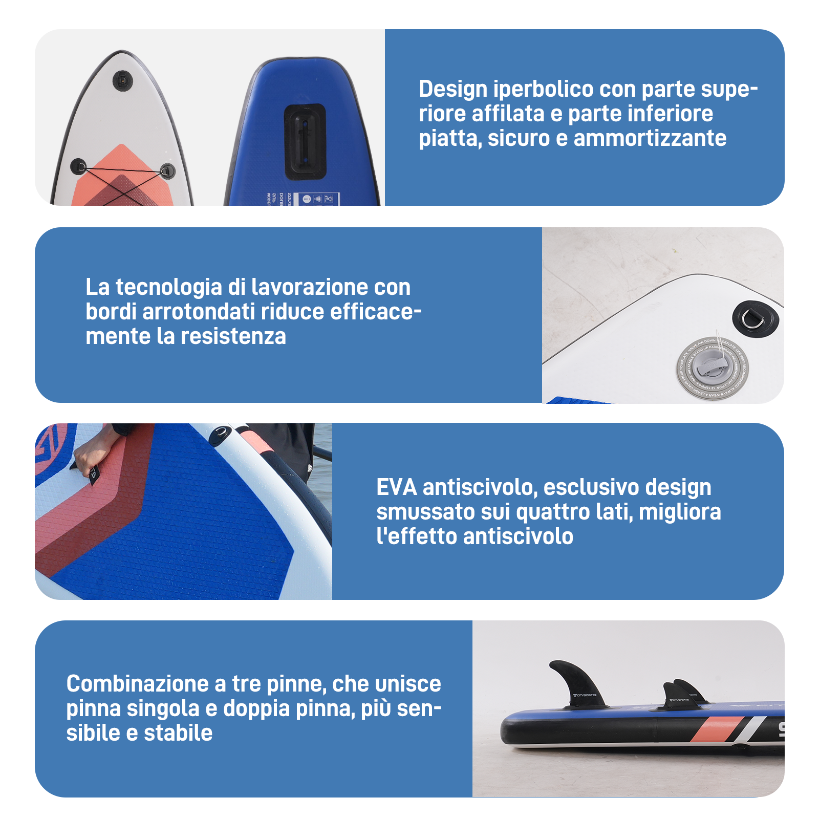 Primer plano de paddleboard con características. Superficie antideslizante EVA y tres aletas.