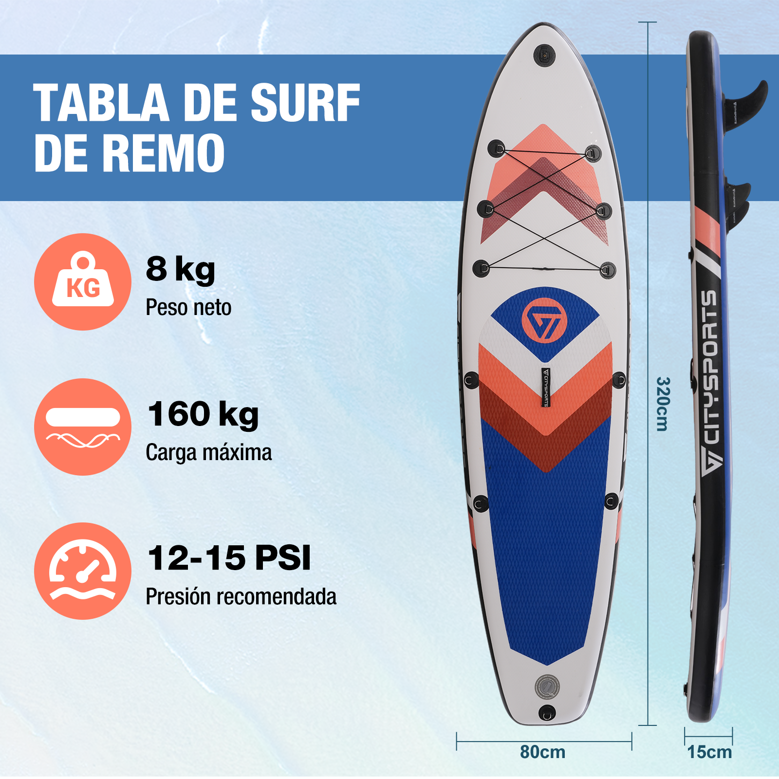 Paddleboard con dimensiones e información de peso. Incluye peso neto, carga máxima y PSI recomendado.