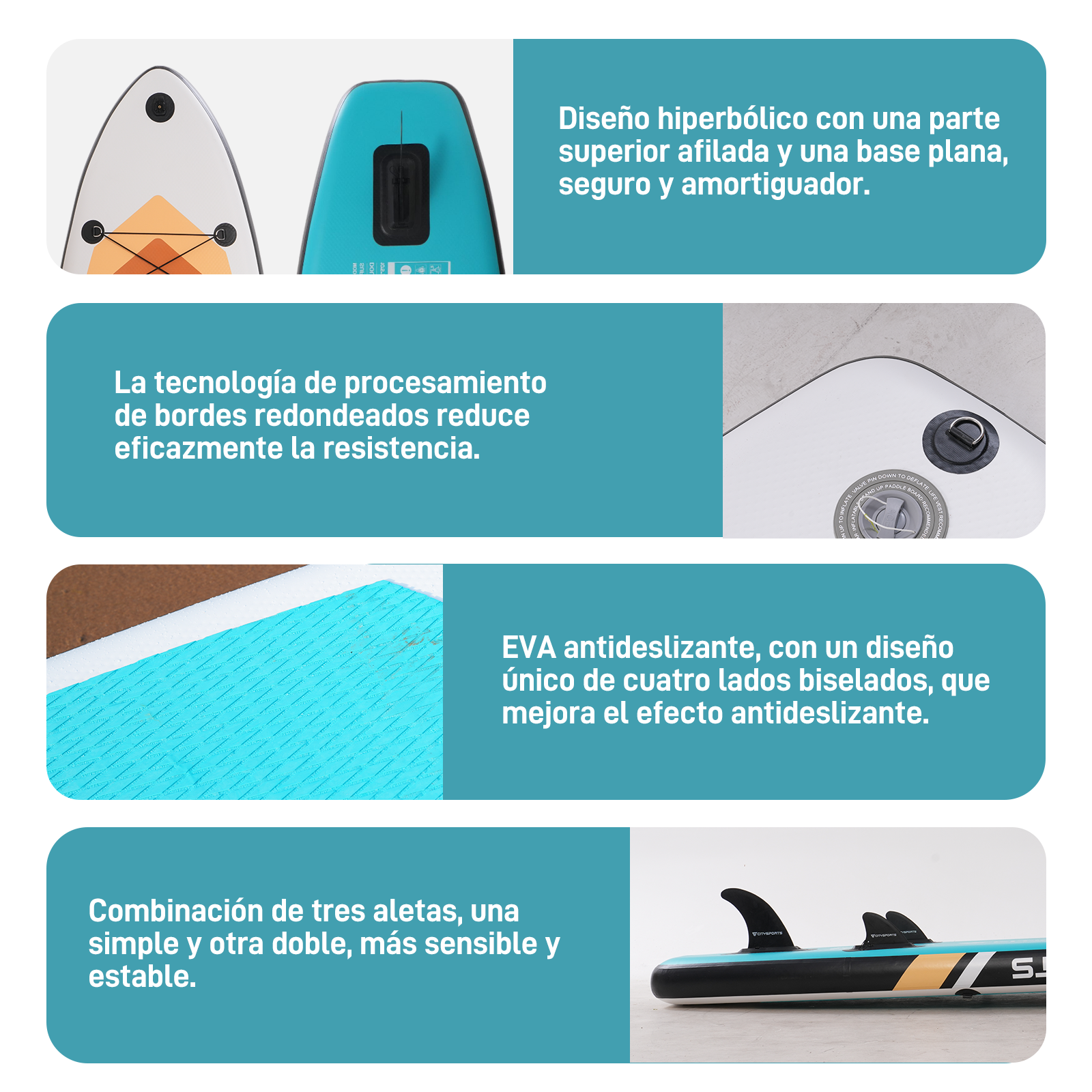 Primer plano de un paddleboard. Superficie antideslizante EVA y tres aletas.