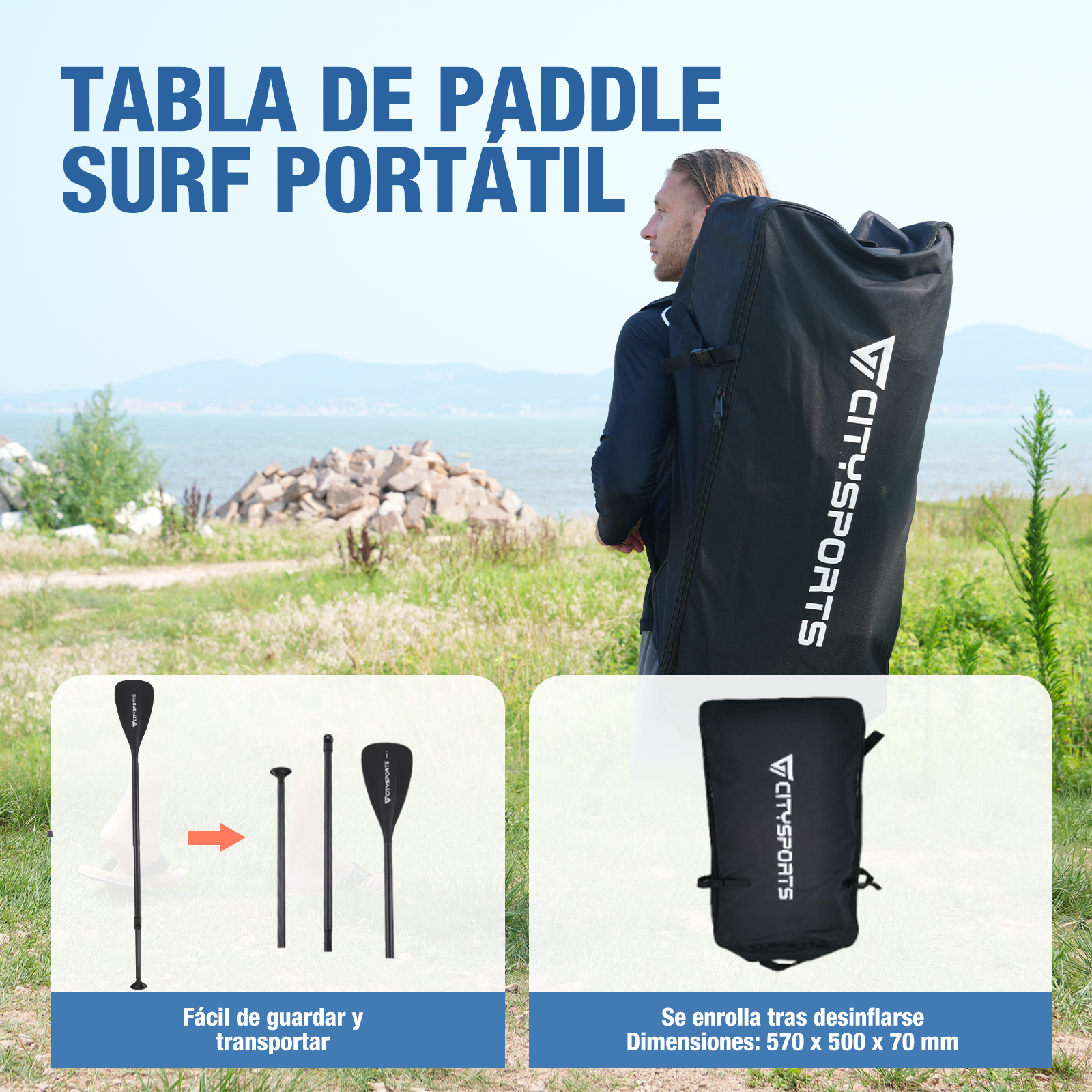Hombre llevando bolsa de paddleboard negro y palas. El paddleboard es fácil de guardar y transportar.