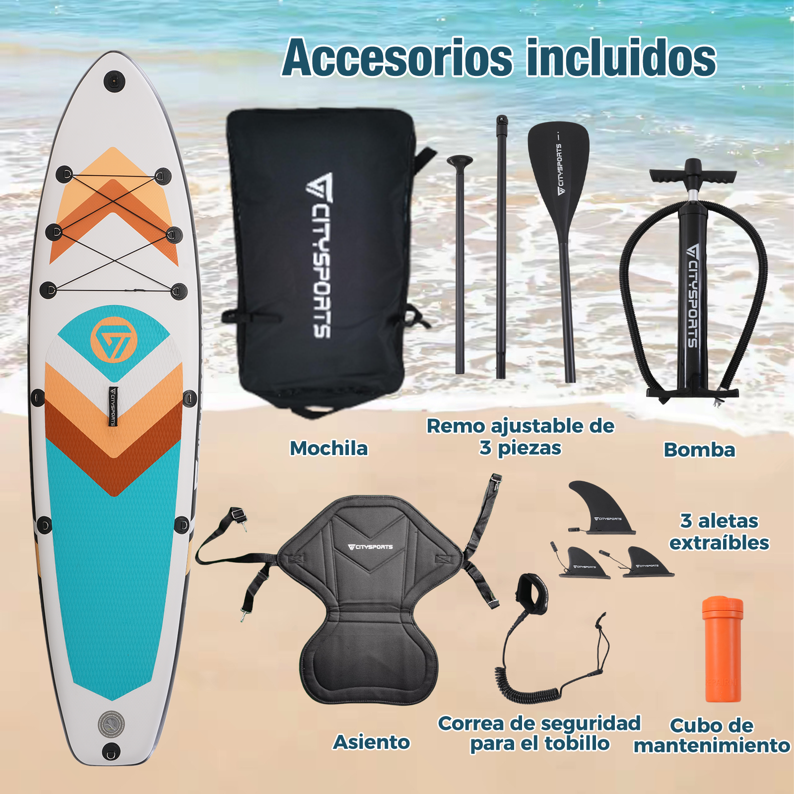 Tabla de paddle surf blanca con detalles naranja y azul. Incluye accesorios como bolsa, remo, bomba, asiento y aletas.